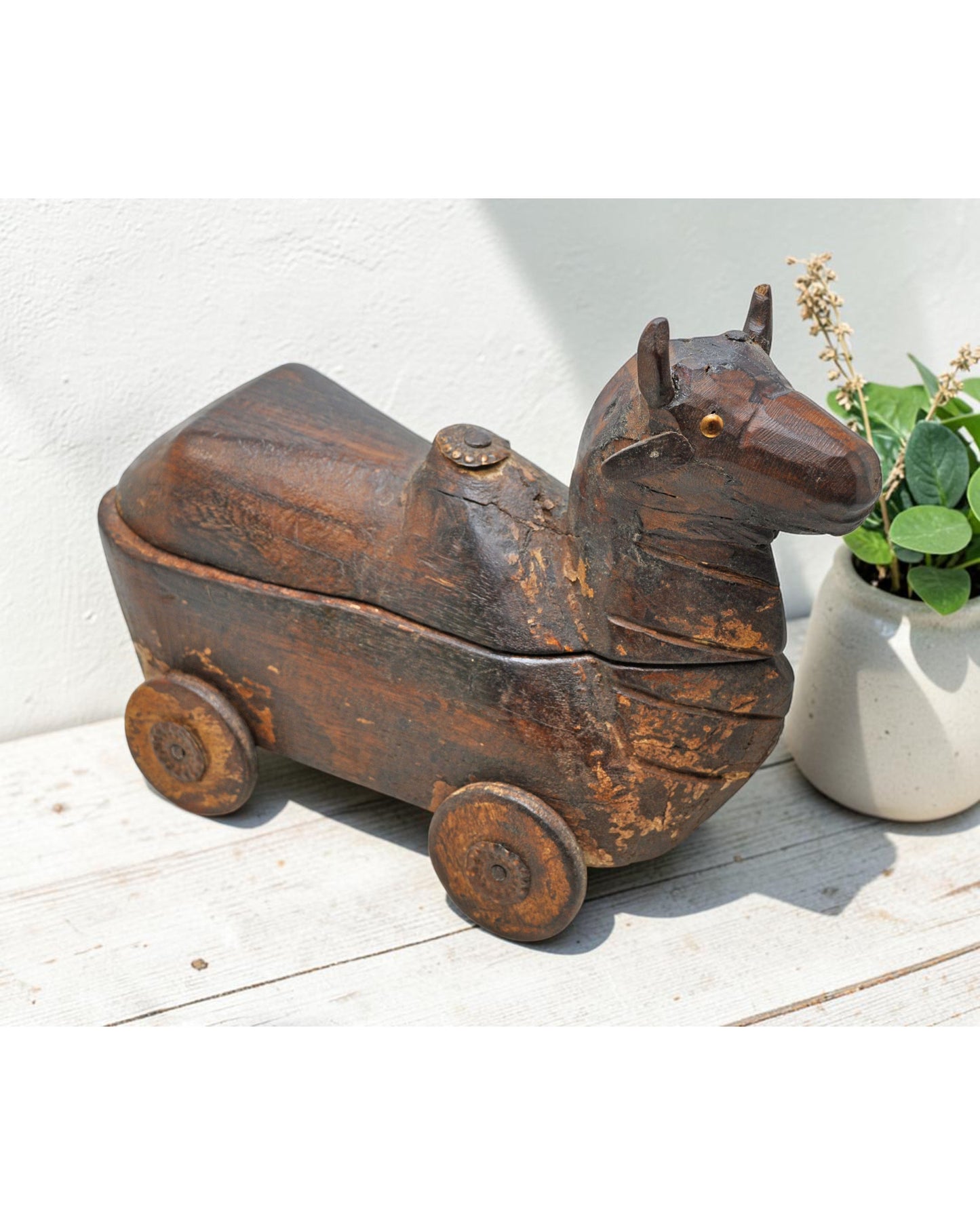 Antique Wooden Cow on Wheels Figurine Spice Box Original Old Fine Hand Carved