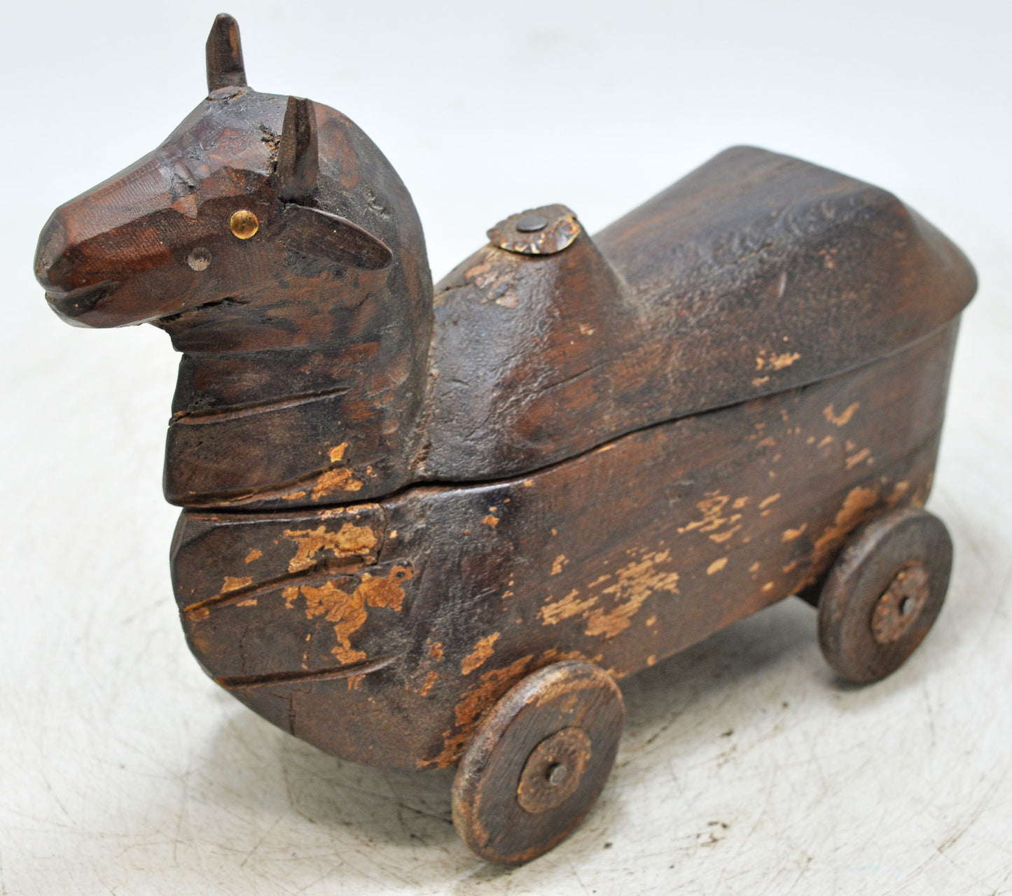 Antique Wooden Cow on Wheels Figurine Spice Box Original Old Fine Hand Carved
