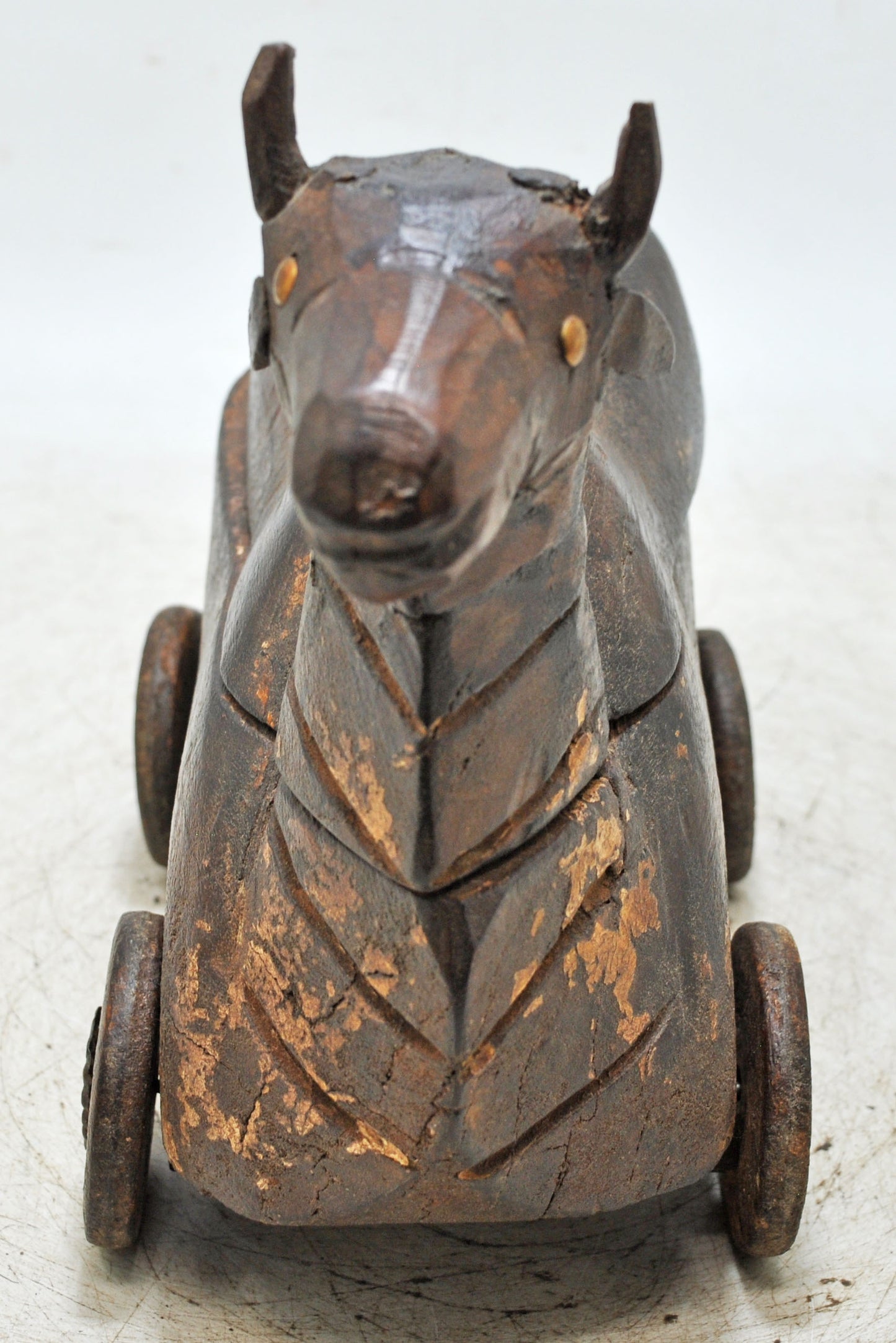 Antique Wooden Cow on Wheels Figurine Spice Box Original Old Fine Hand Carved