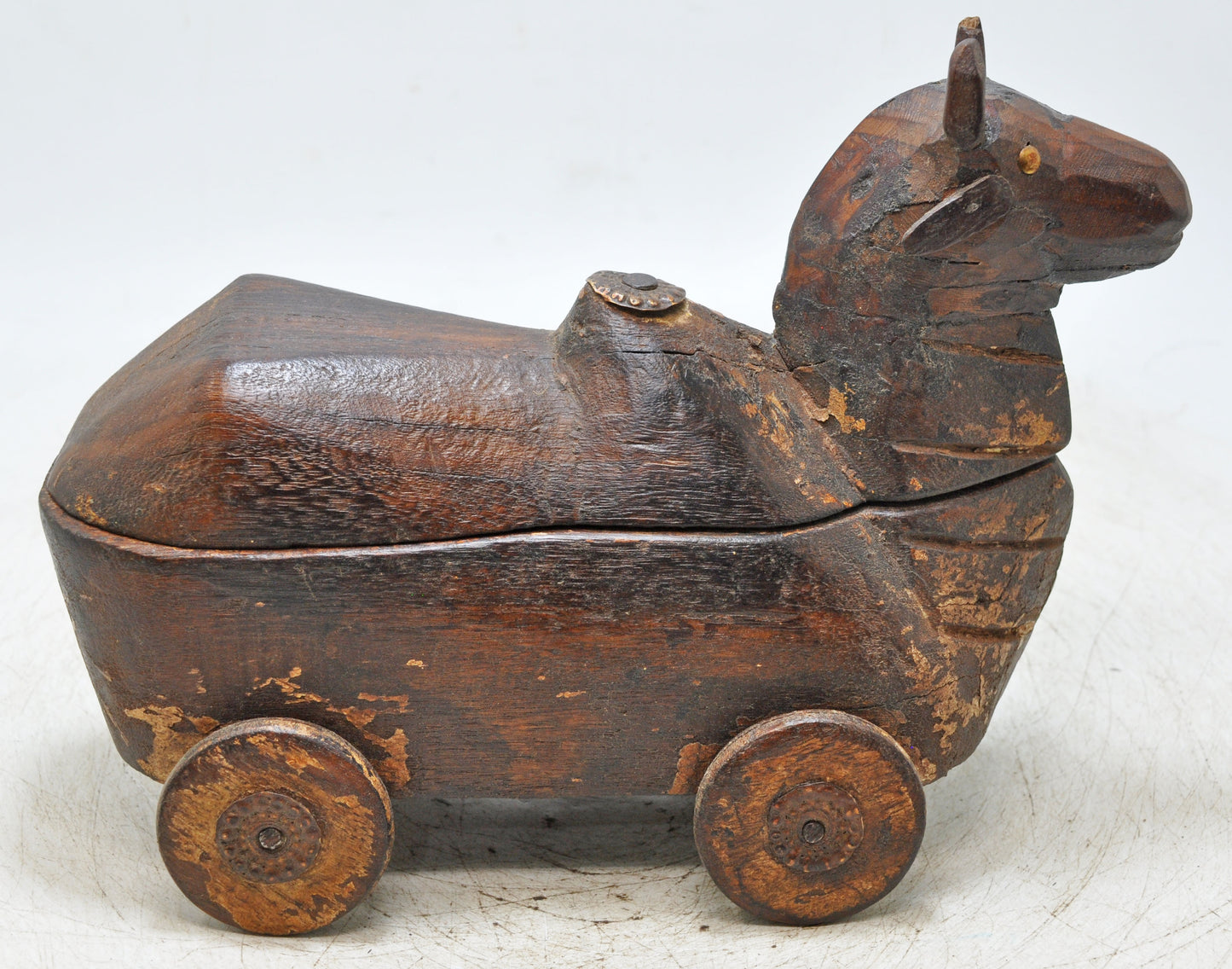 Antique Wooden Cow on Wheels Figurine Spice Box Original Old Fine Hand Carved