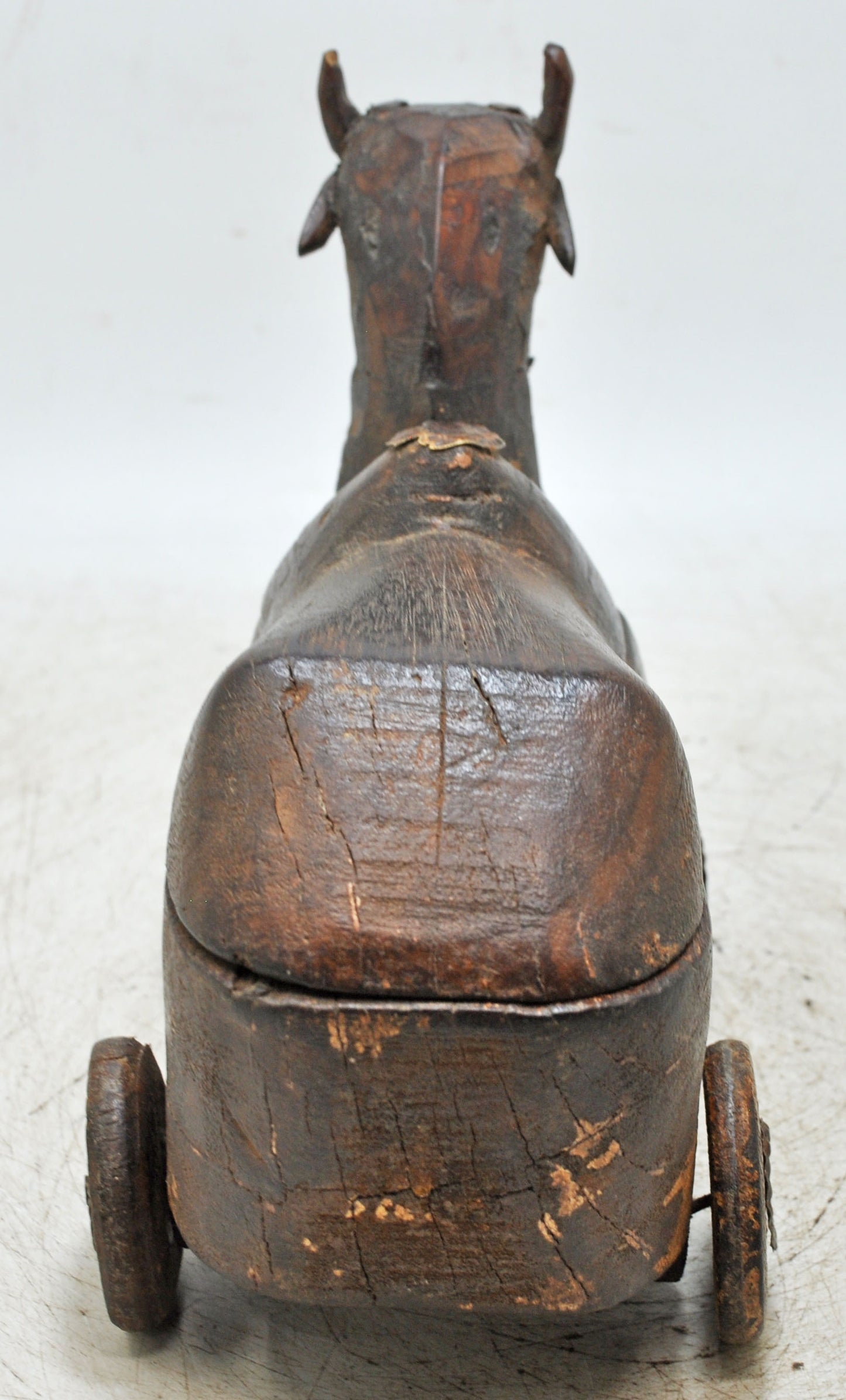 Antique Wooden Cow on Wheels Figurine Spice Box Original Old Fine Hand Carved