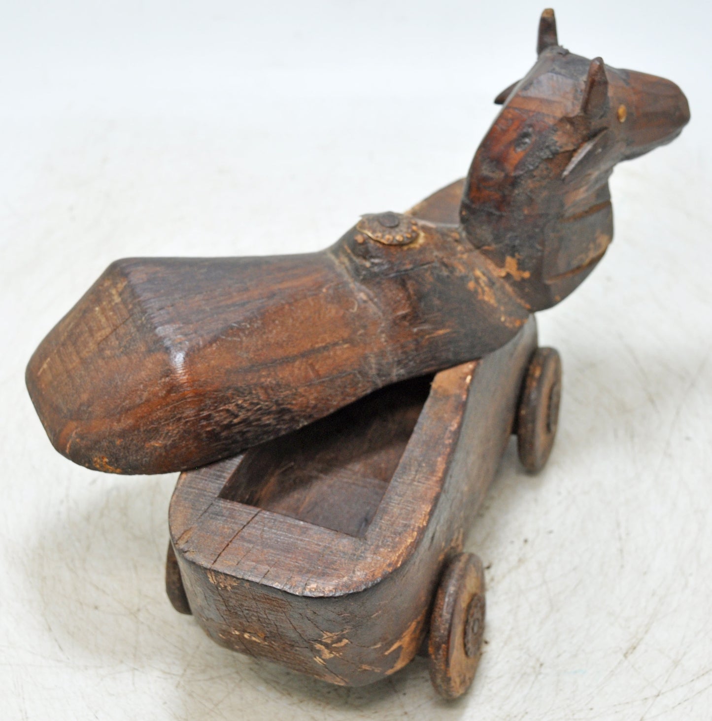 Antique Wooden Cow on Wheels Figurine Spice Box Original Old Fine Hand Carved