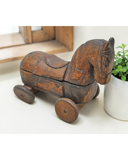 Antique Wooden Horse on Wheels Figurine Spice Box Original Old Fine Hand Carved