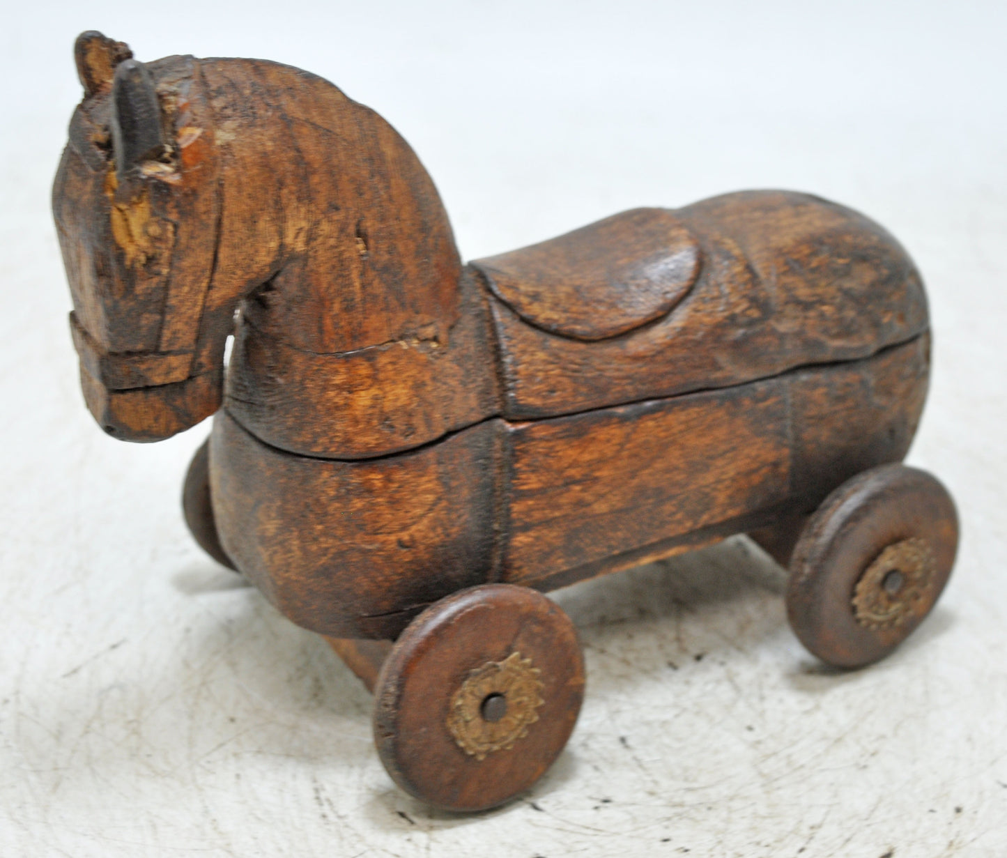Antique Wooden Horse on Wheels Figurine Spice Box Original Old Fine Hand Carved