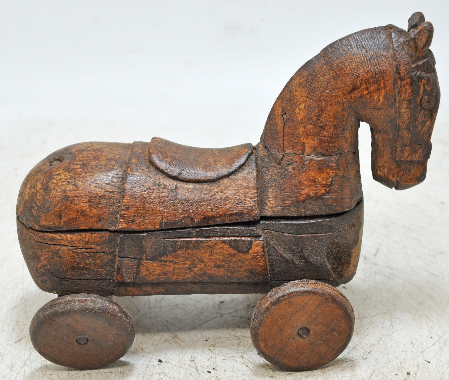 Antique Wooden Horse on Wheels Figurine Spice Box Original Old Fine Hand Carved