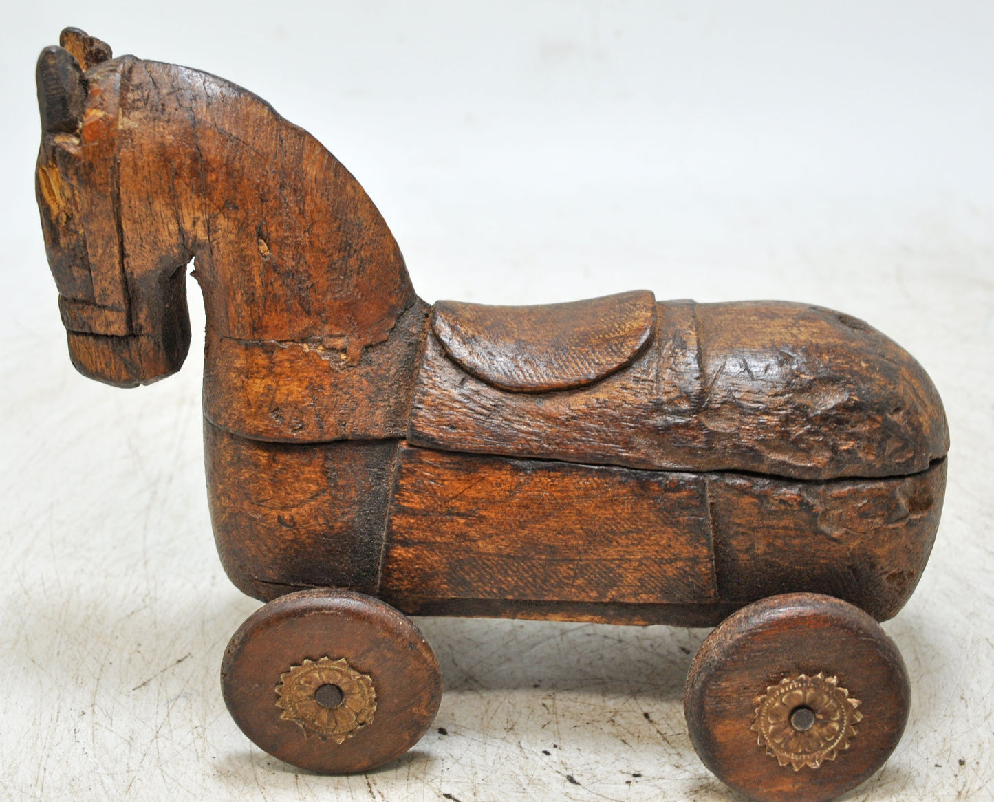 Antique Wooden Horse on Wheels Figurine Spice Box Original Old Fine Hand Carved
