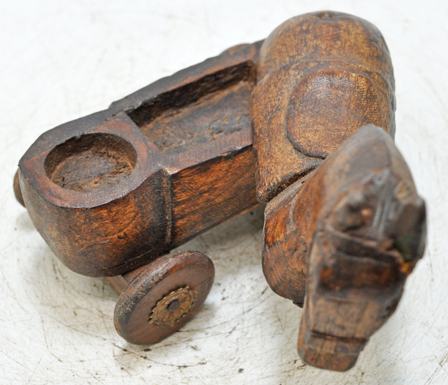 Antique Wooden Horse on Wheels Figurine Spice Box Original Old Fine Hand Carved