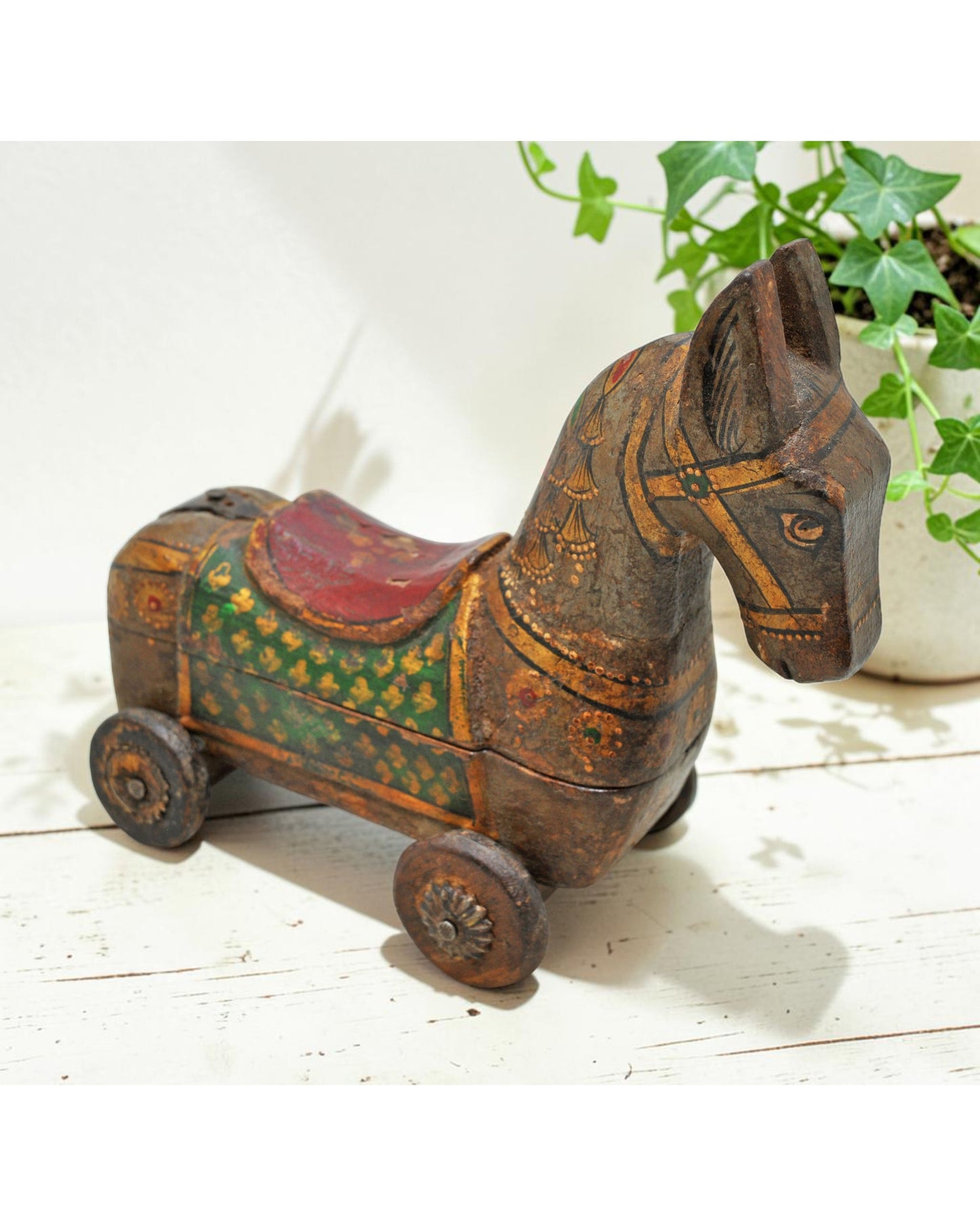 Vintage Wooden Horse on Wheels Figurine Spice Box Original Old Fine Hand Carved