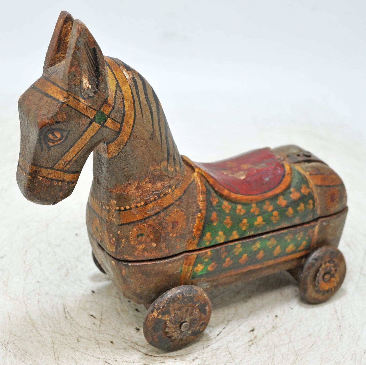 Vintage Wooden Horse on Wheels Figurine Spice Box Original Old Fine Hand Carved