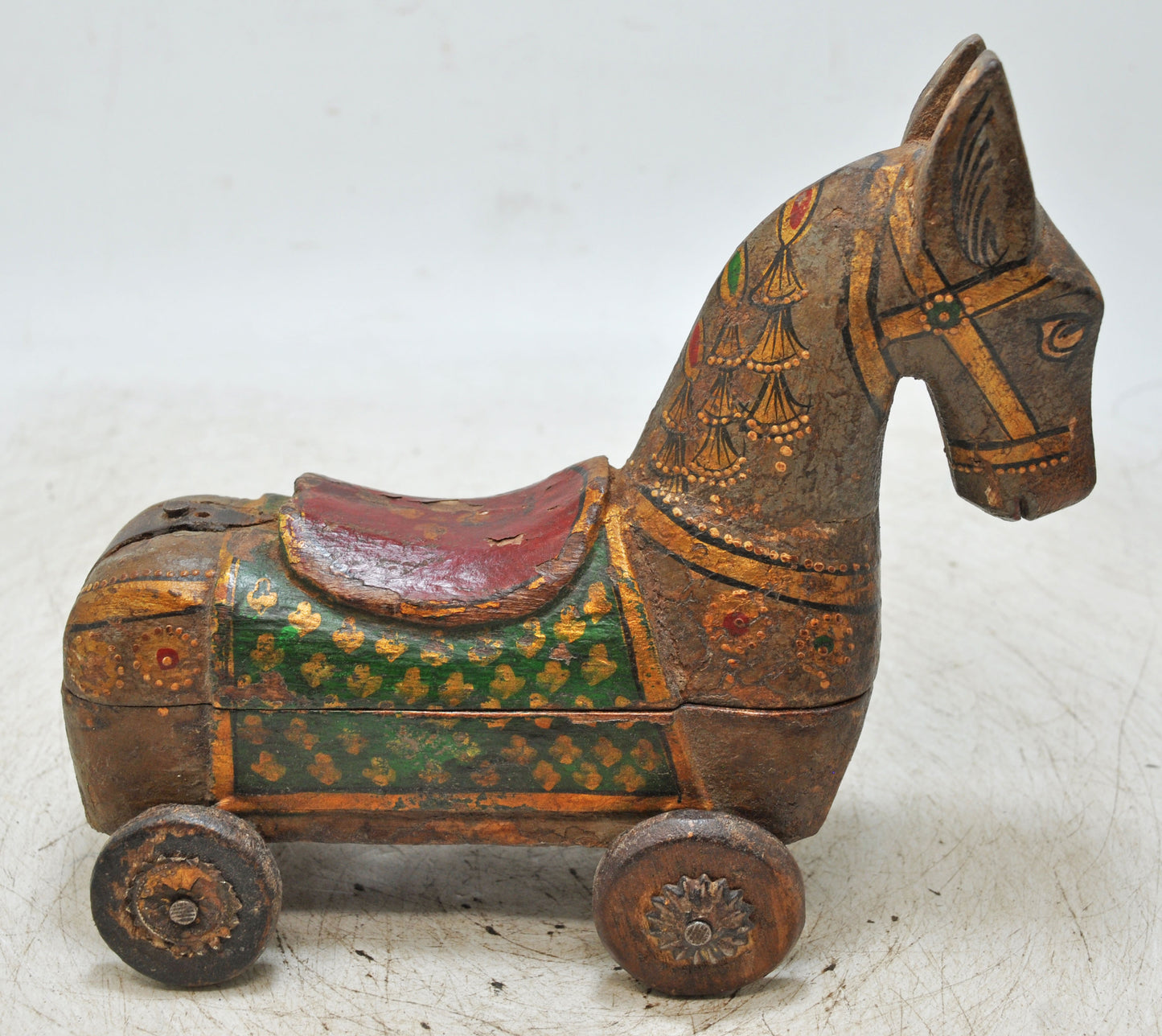 Vintage Wooden Horse on Wheels Figurine Spice Box Original Old Fine Hand Carved