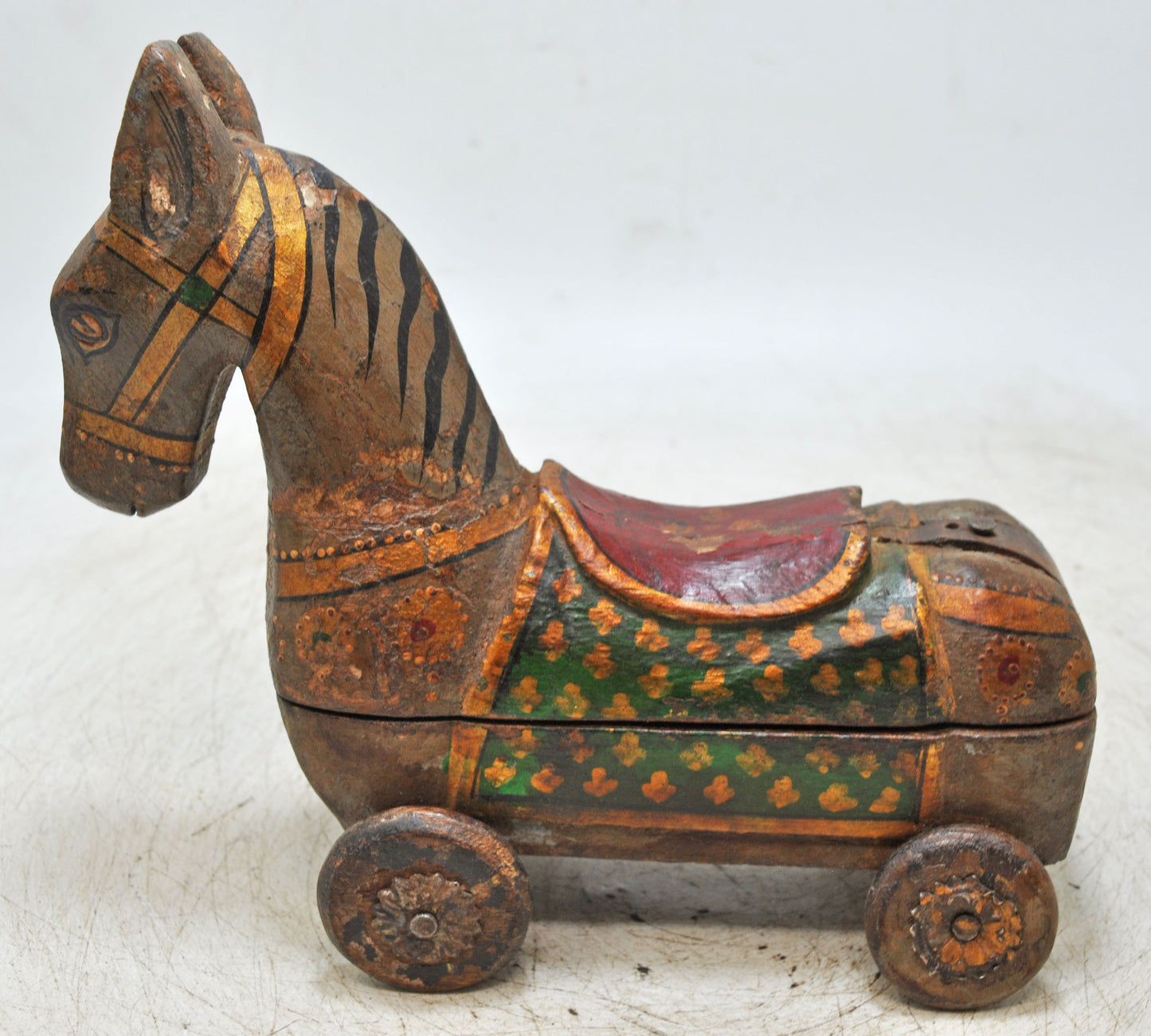 Vintage Wooden Horse on Wheels Figurine Spice Box Original Old Fine Hand Carved