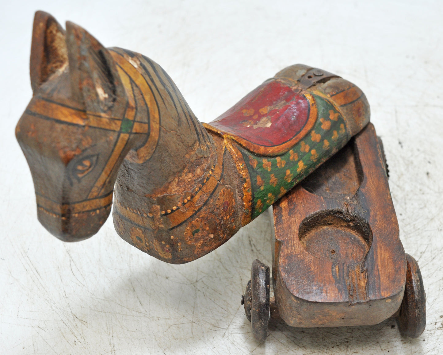 Vintage Wooden Horse on Wheels Figurine Spice Box Original Old Fine Hand Carved