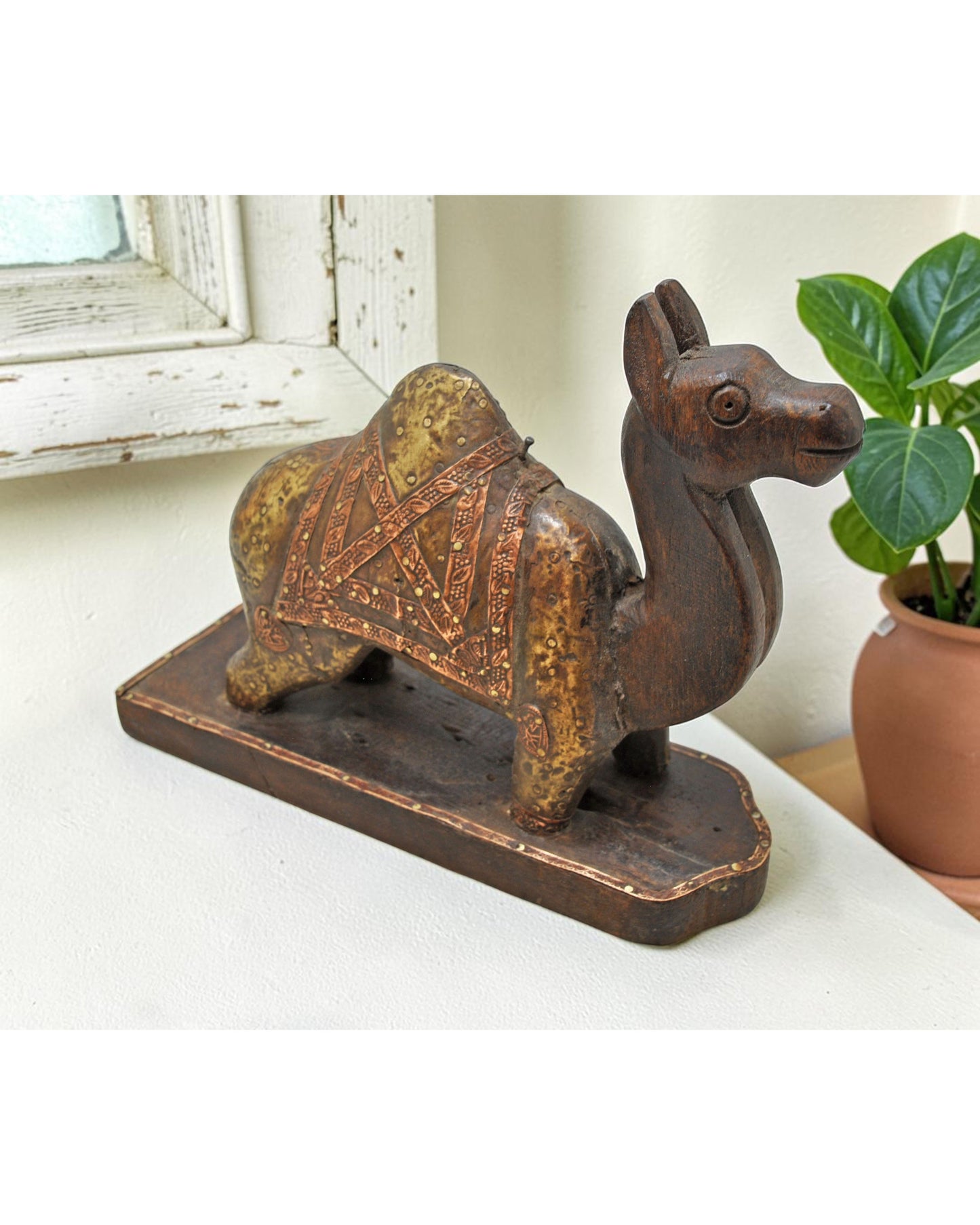 Vintage Wooden Camel Figurine Original Old Hand Carved Brass Fitted