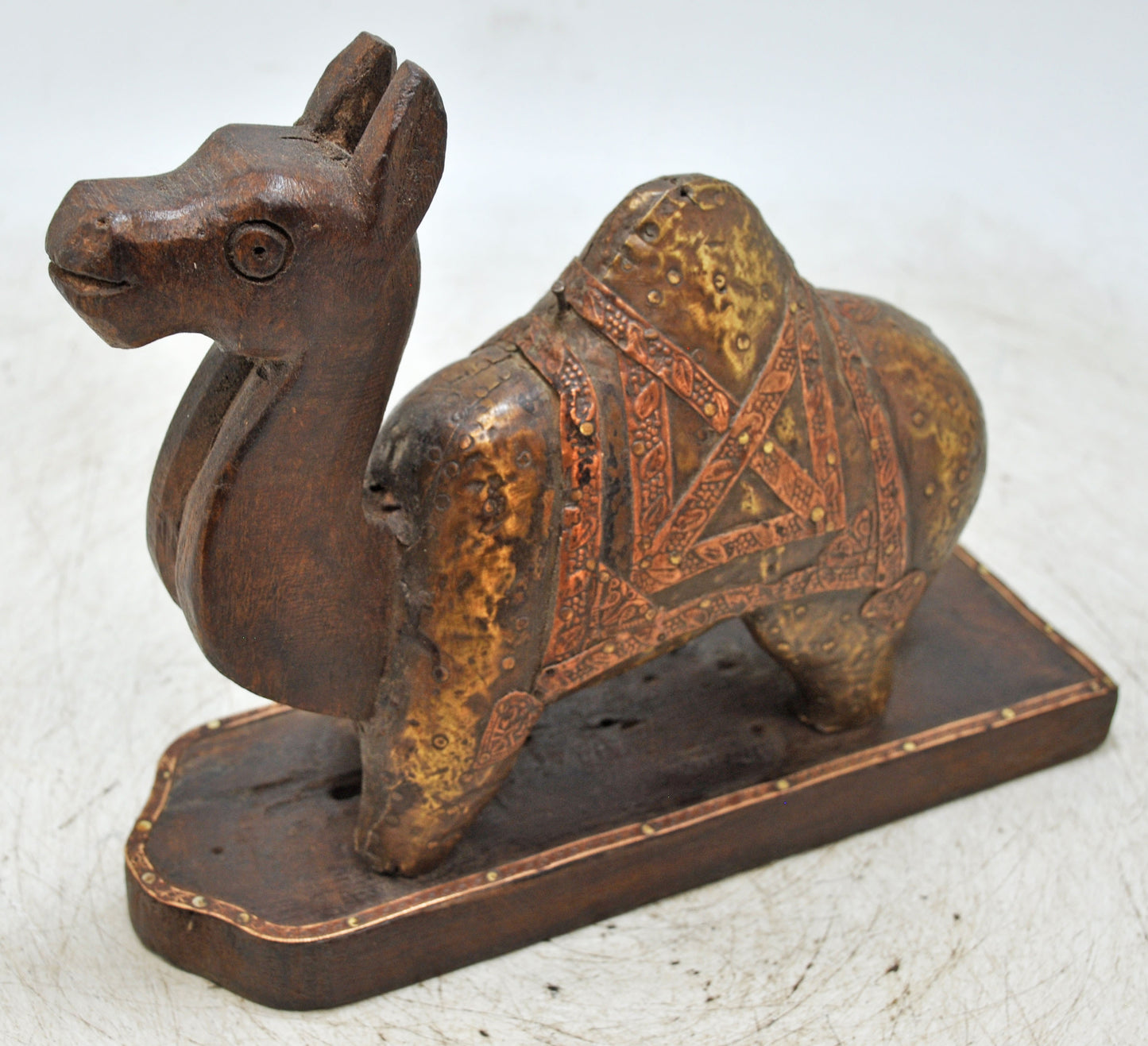 Vintage Wooden Camel Figurine Original Old Hand Carved Brass Fitted