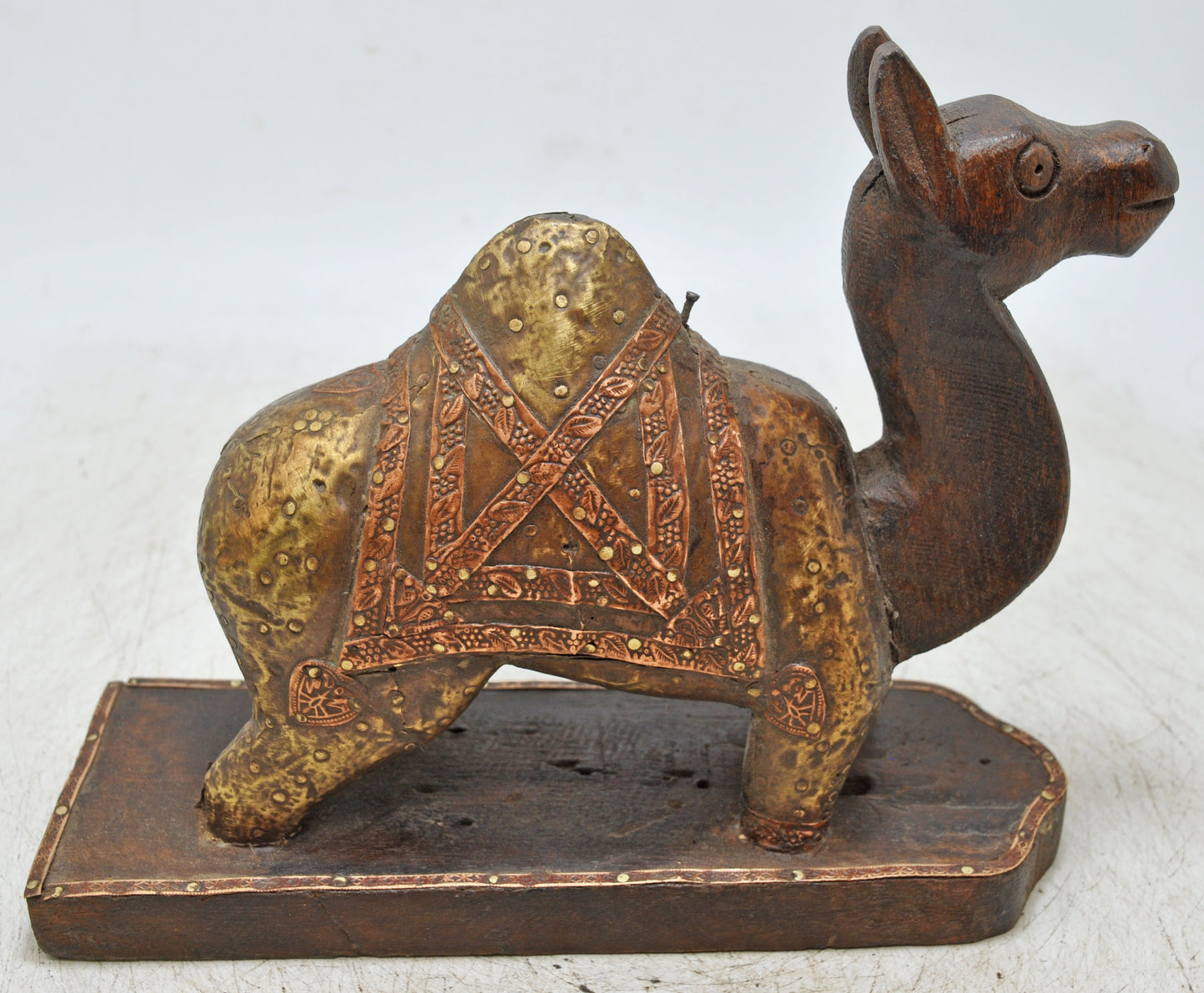 Vintage Wooden Camel Figurine Original Old Hand Carved Brass Fitted