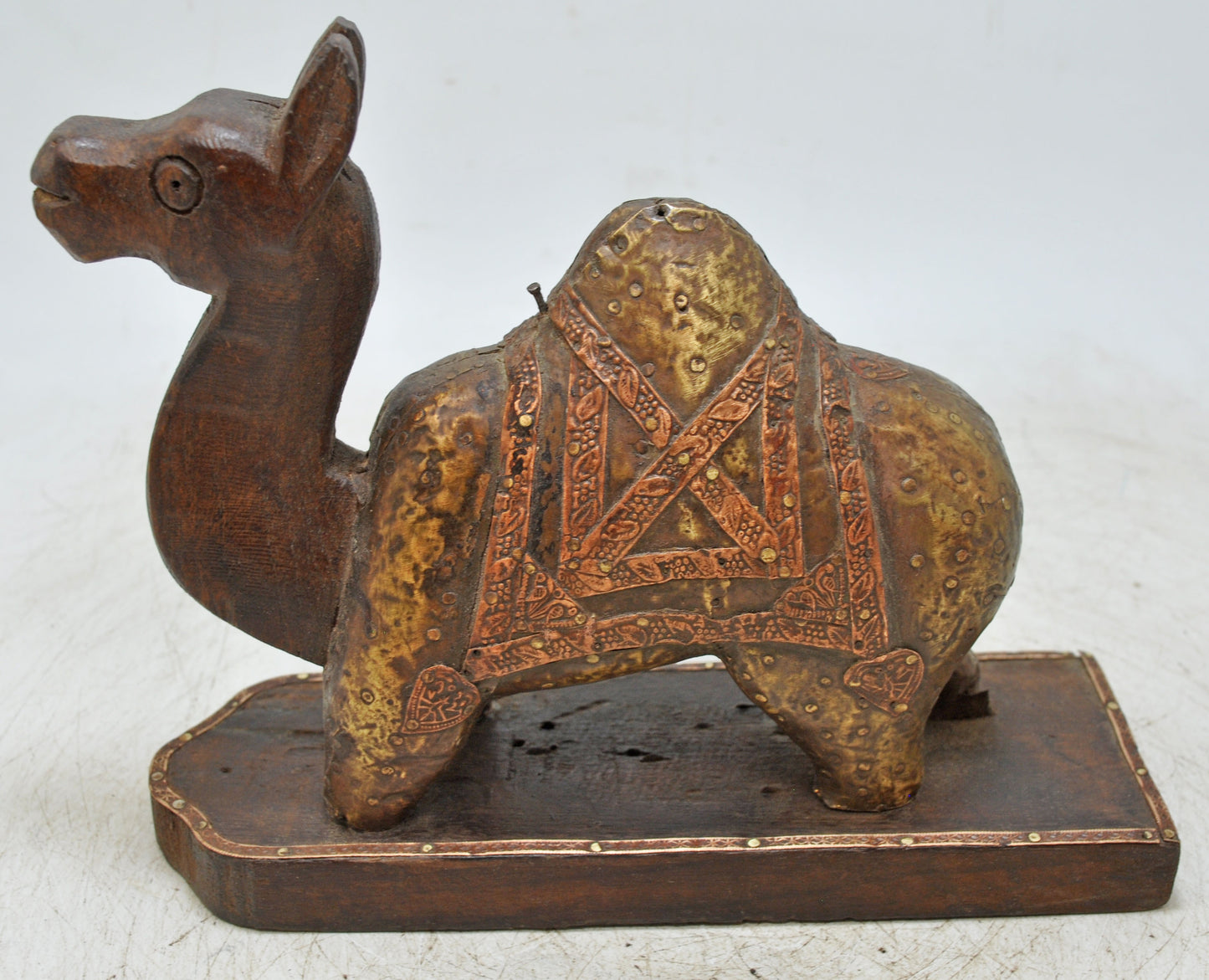Vintage Wooden Camel Figurine Original Old Hand Carved Brass Fitted