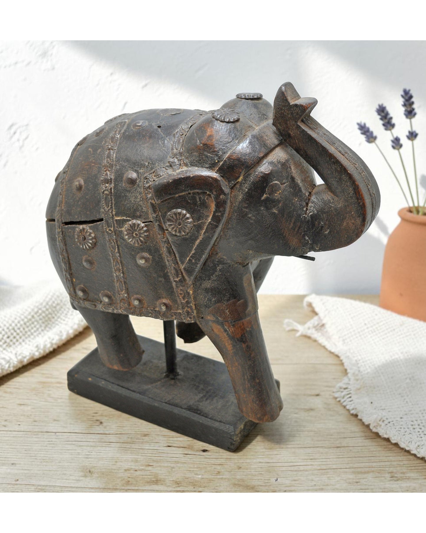 Antique Wooden Elephant Figurine Original Old Hand Carved Metal Fitted