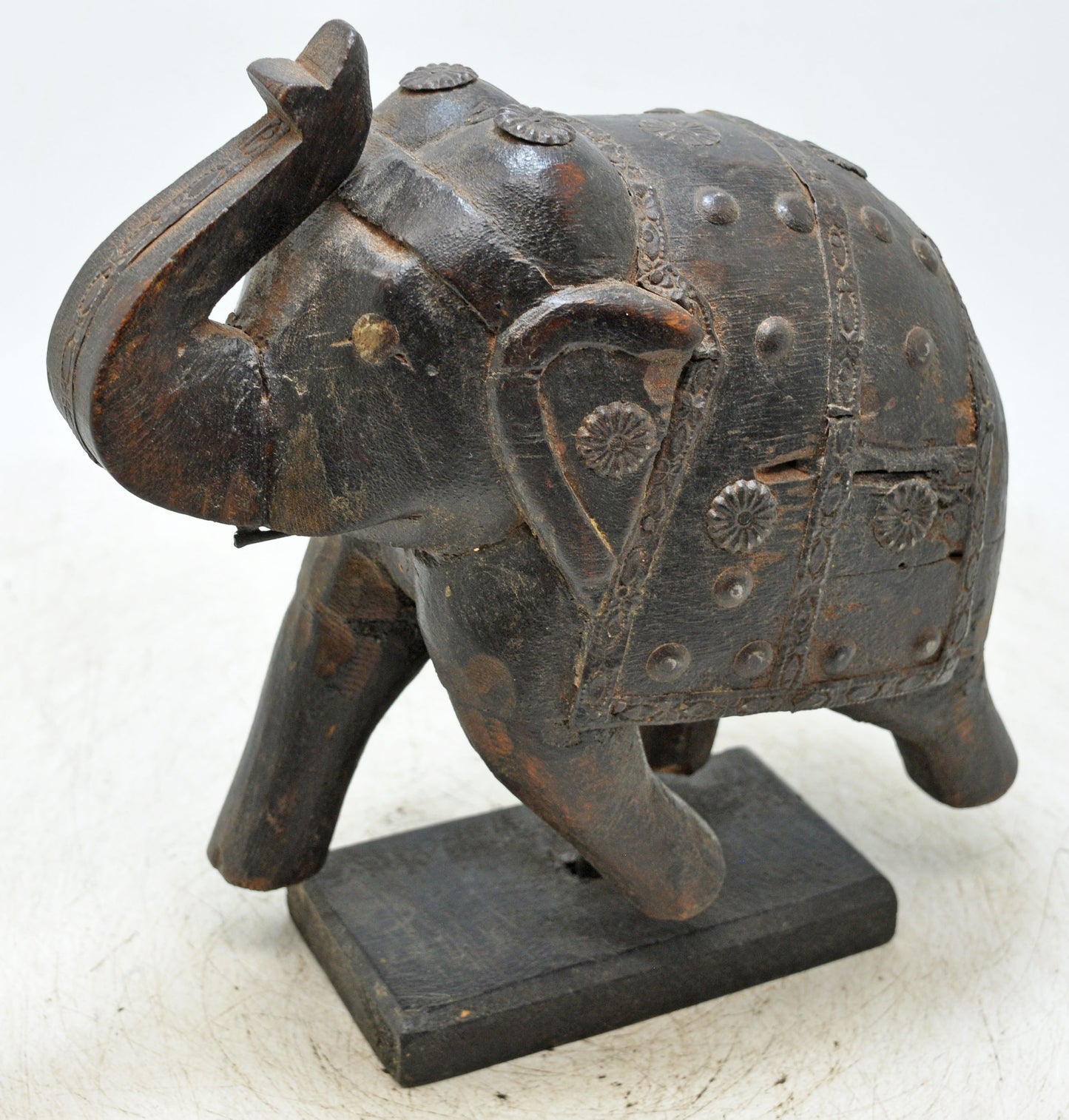 Antique Wooden Elephant Figurine Original Old Hand Carved Metal Fitted