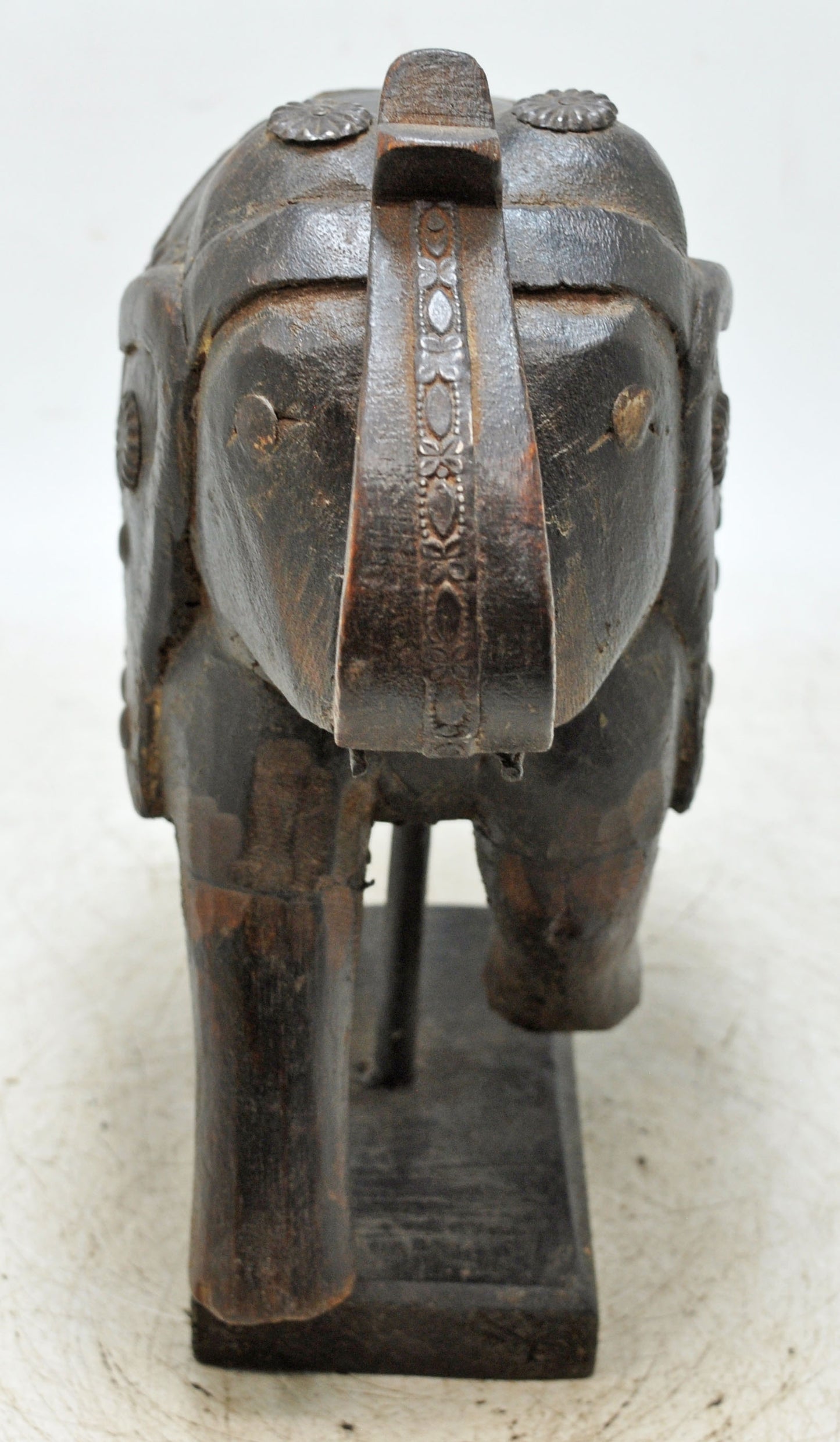 Antique Wooden Elephant Figurine Original Old Hand Carved Metal Fitted