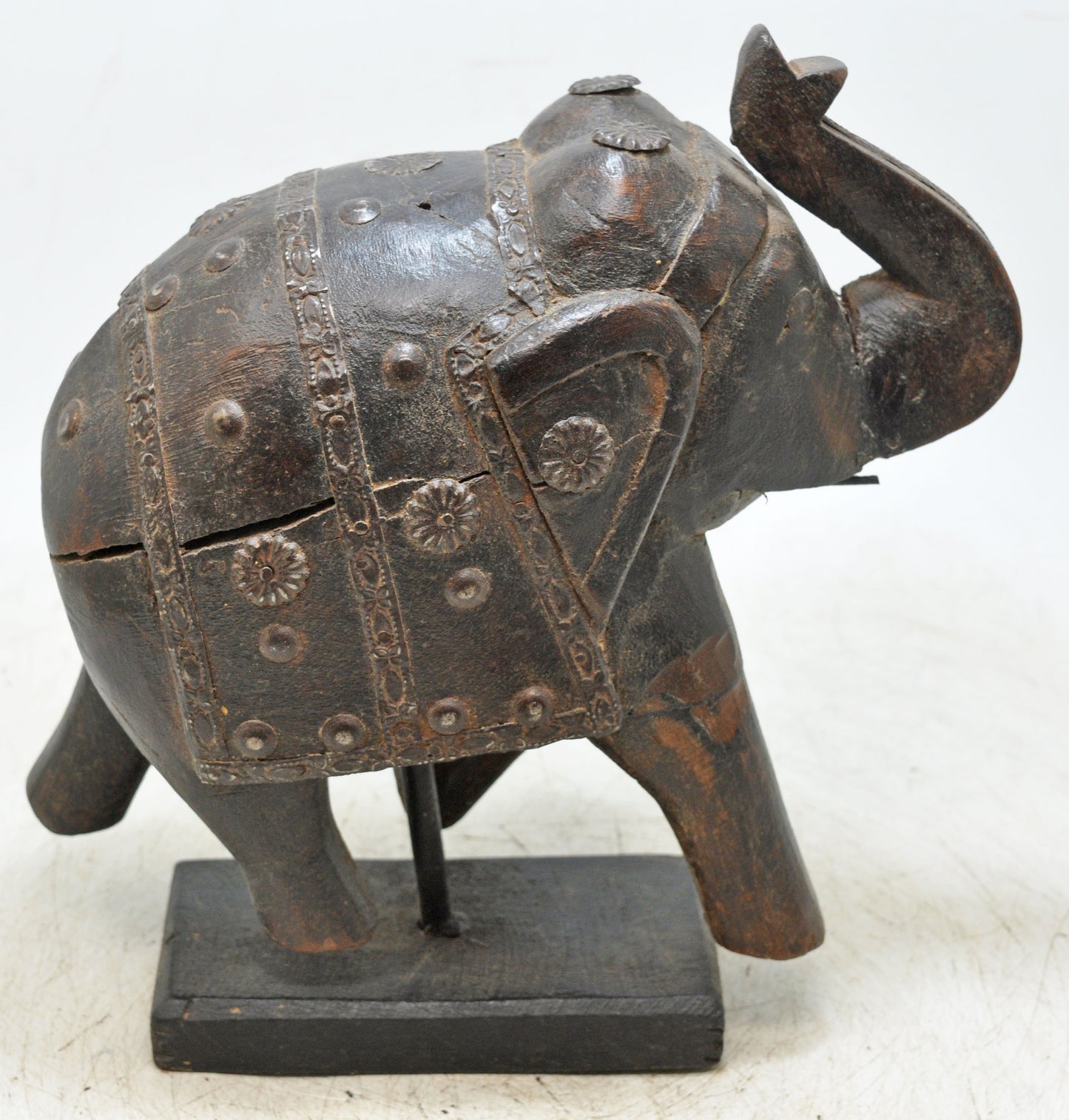 Antique Wooden Elephant Figurine Original Old Hand Carved Metal Fitted
