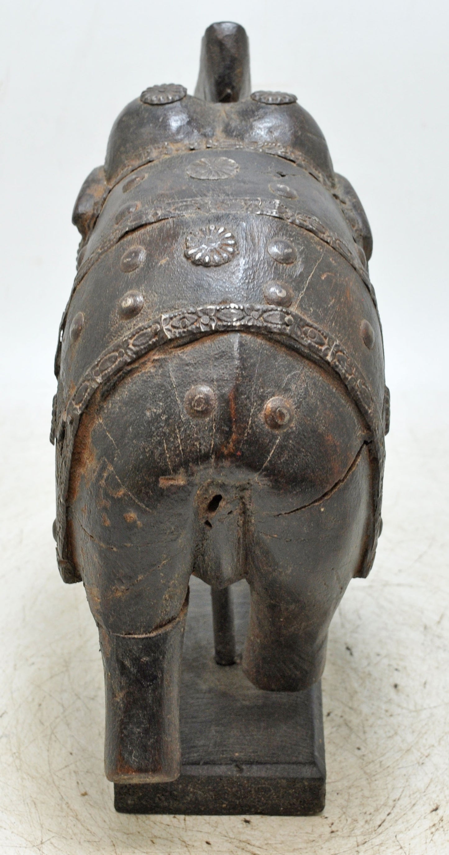 Antique Wooden Elephant Figurine Original Old Hand Carved Metal Fitted