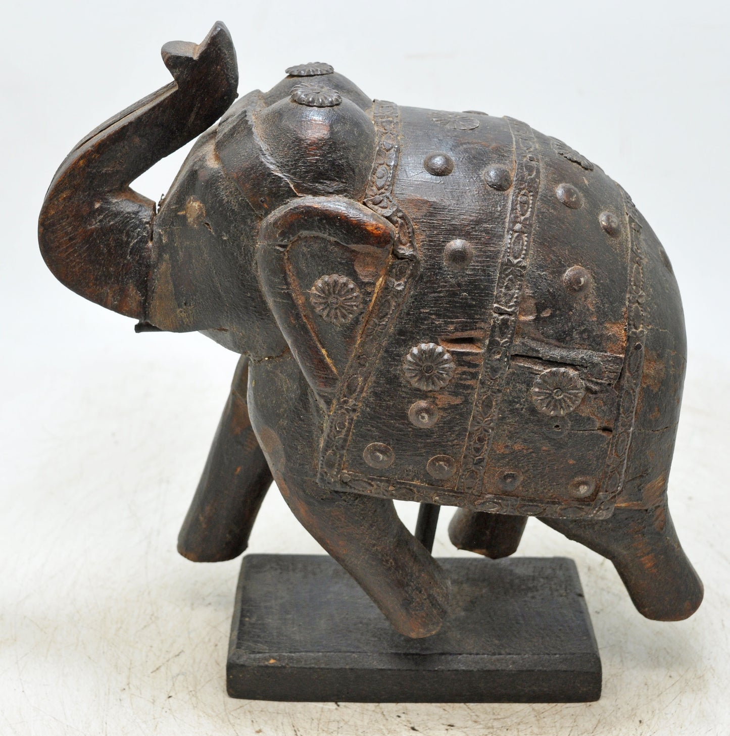 Antique Wooden Elephant Figurine Original Old Hand Carved Metal Fitted