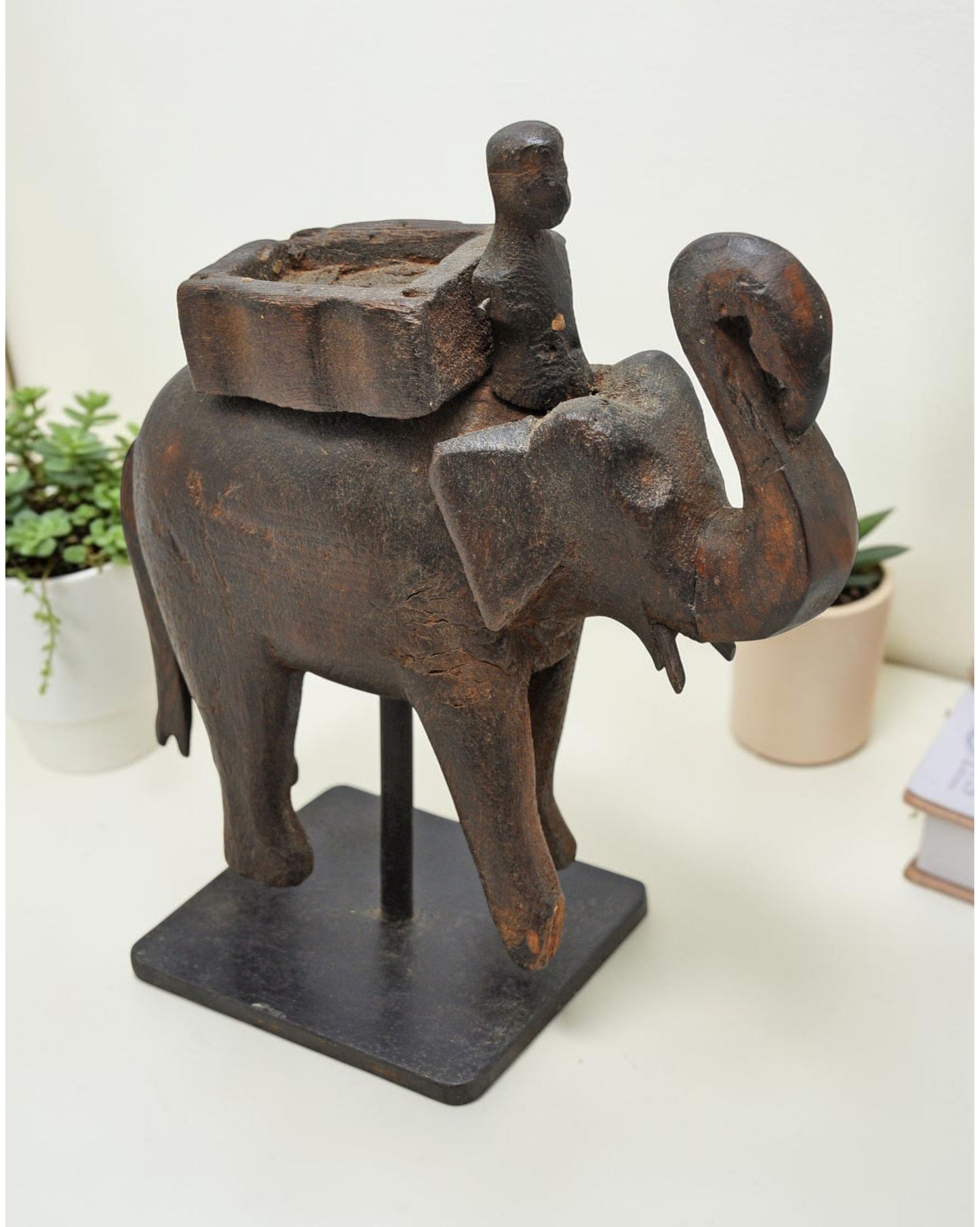 Antique Wooden Elephant With Rider Figurine Original Old Fine Hand Carved