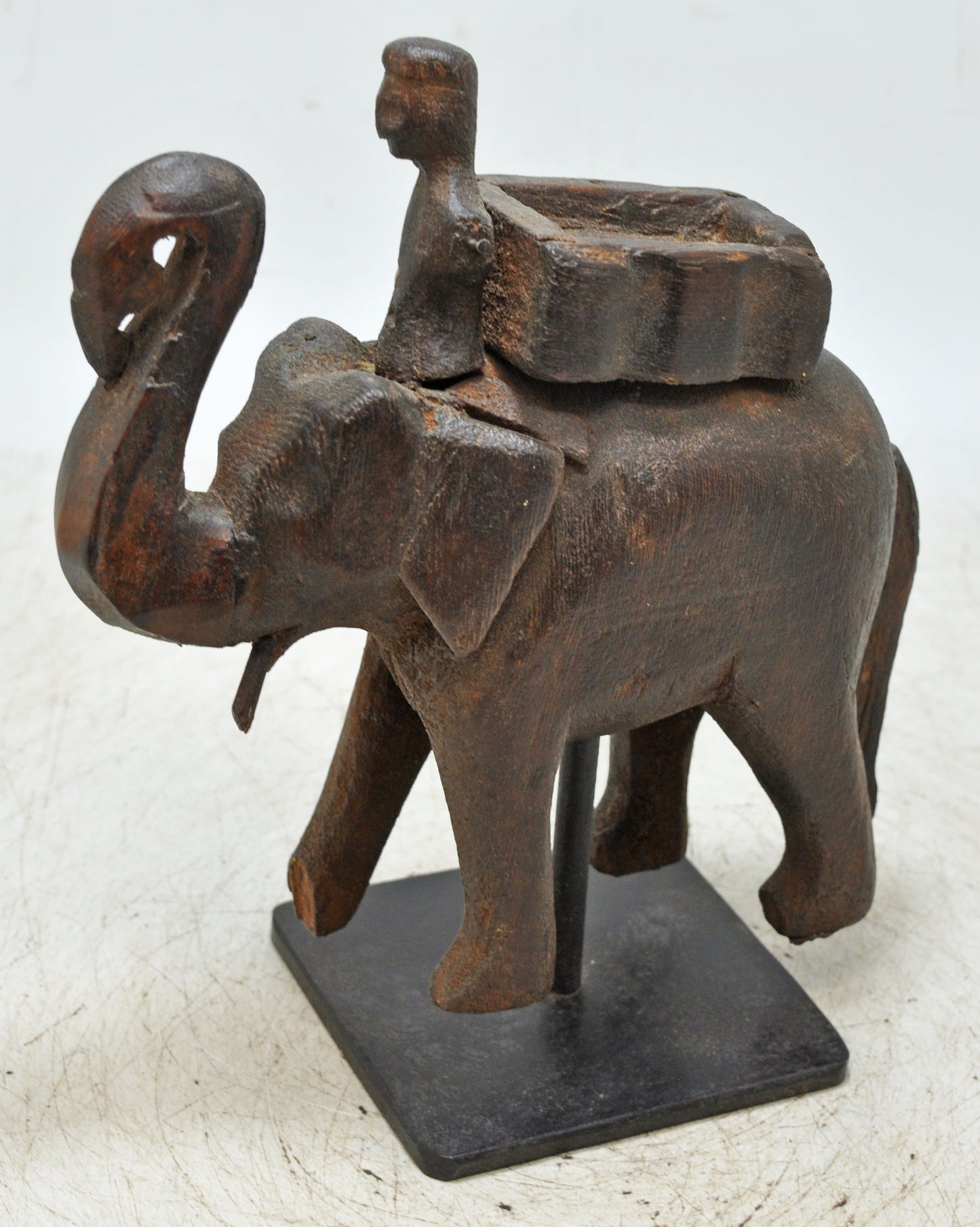 Antique Wooden Elephant With Rider Figurine Original Old Fine Hand Carved