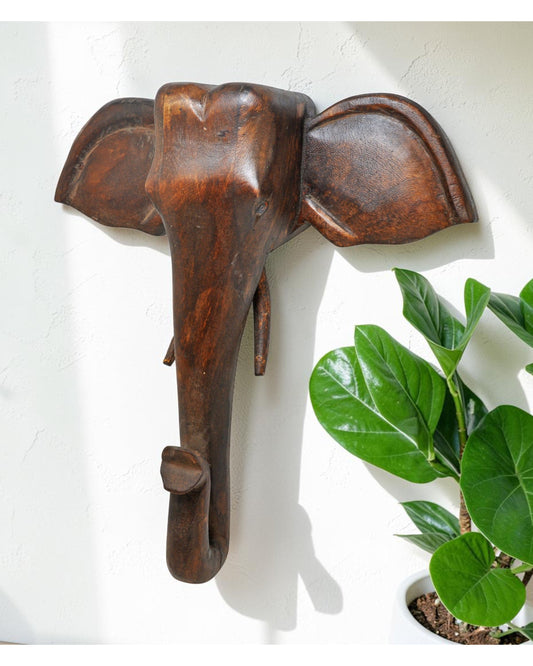 Vintage Wooden Wall Décor Elephant Head Bust Figurine Original Old Fine Hand Carved