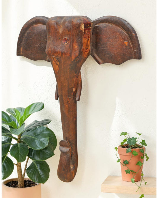 Vintage Wooden Wall Décor Elephant Head Bust Figurine Original Old Fine Hand Carved