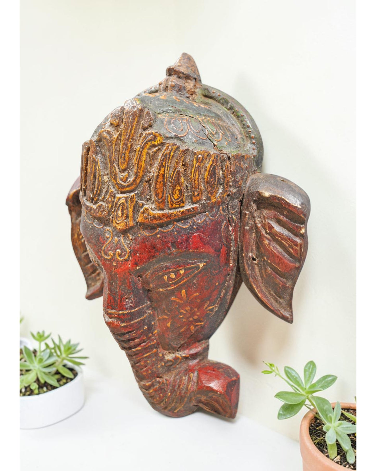 Vintage Wooden God Ganesha Wall Hanging Face Bust Original Old Fine Hand Carved