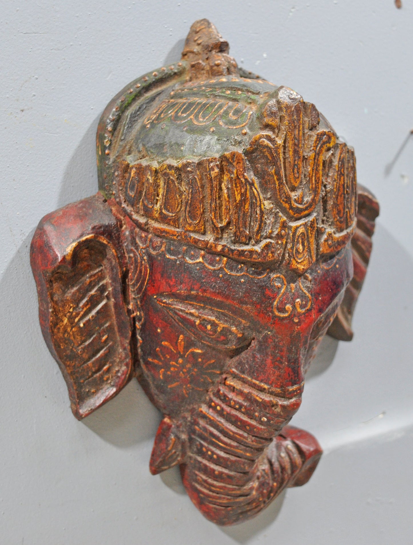 Vintage Wooden God Ganesha Wall Hanging Face Bust Original Old Fine Hand Carved