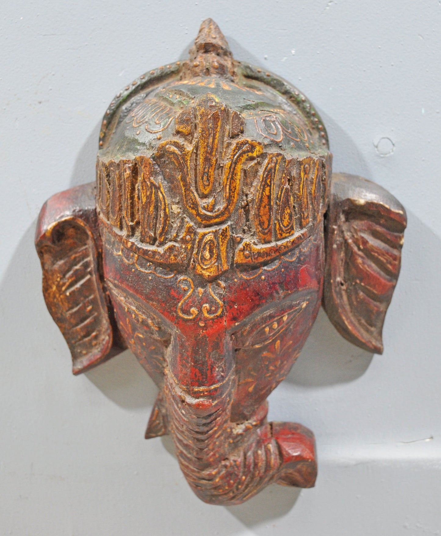 Vintage Wooden God Ganesha Wall Hanging Face Bust Original Old Fine Hand Carved