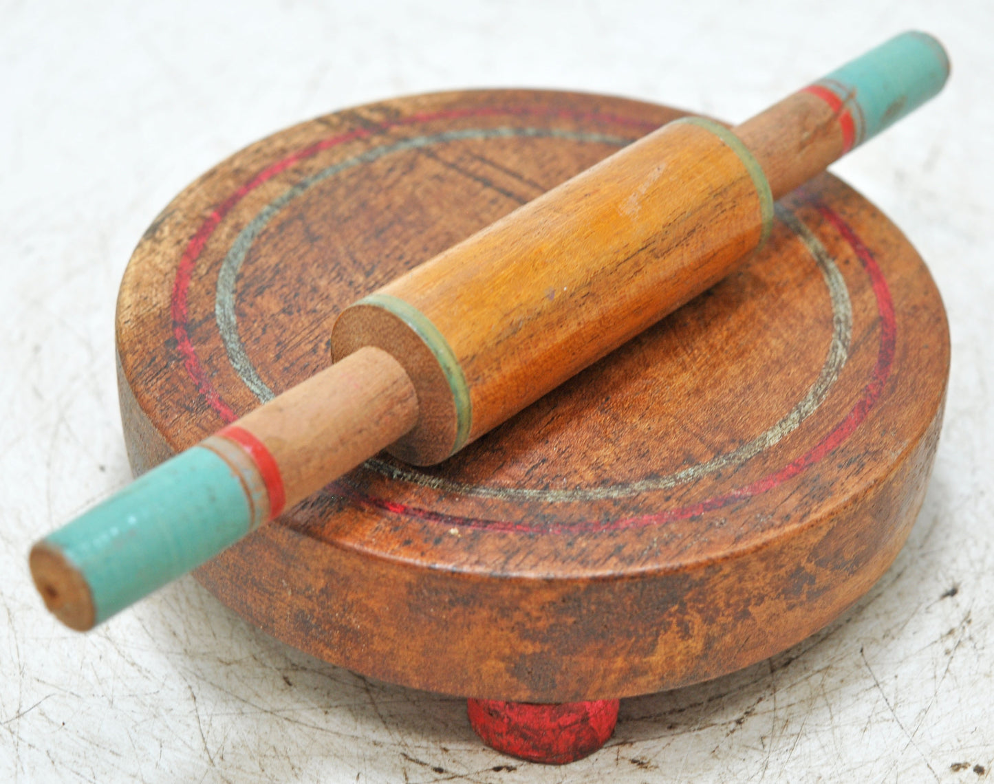 Vintage Wooden Kitchenware Chapati Rolling Plate With Pin Original Old Hand Carved
