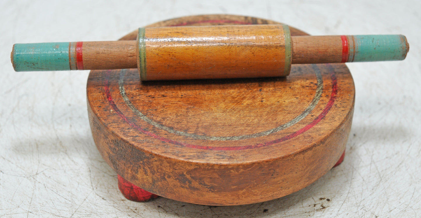Vintage Wooden Kitchenware Chapati Rolling Plate With Pin Original Old Hand Carved