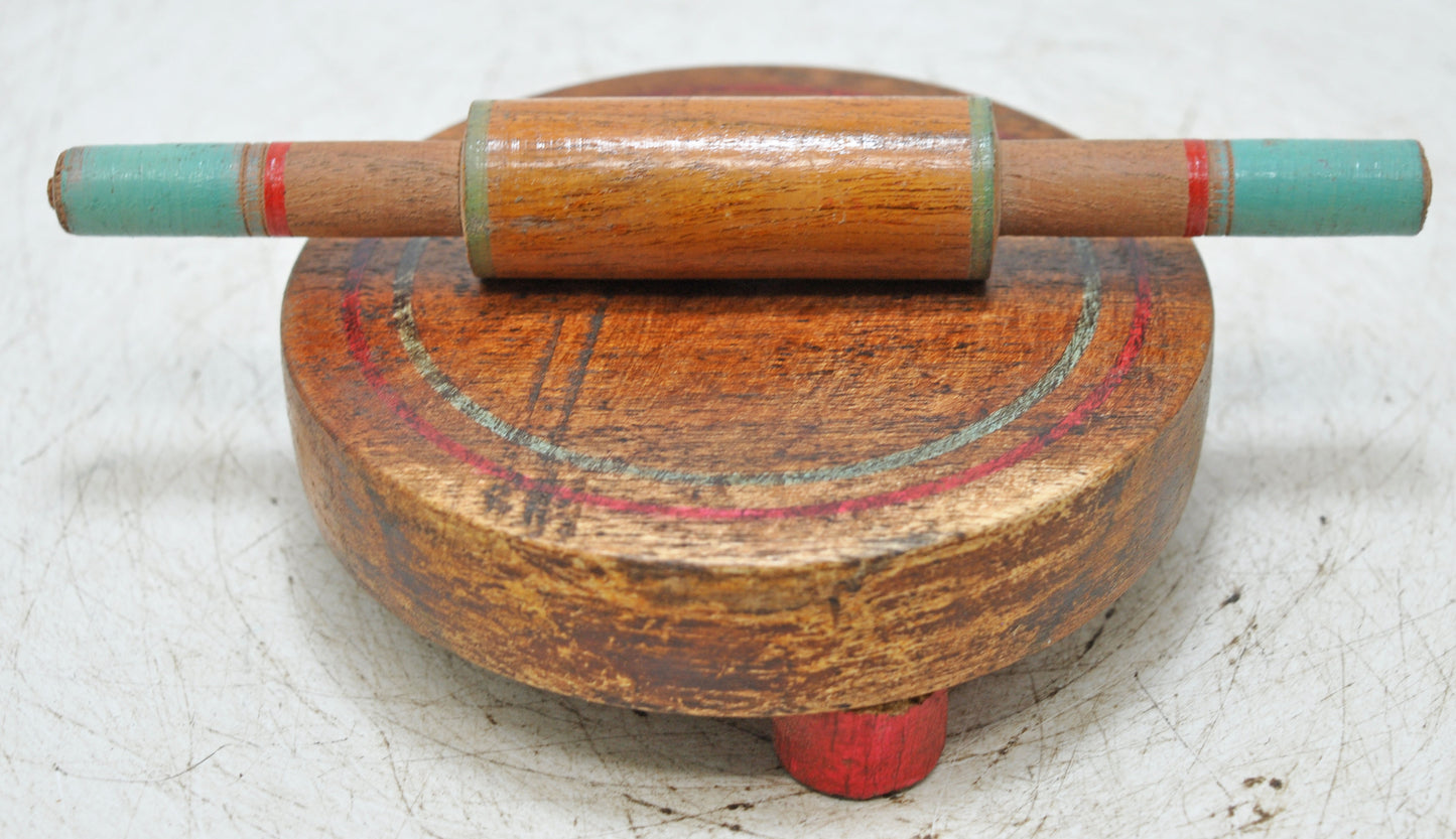Vintage Wooden Kitchenware Chapati Rolling Plate With Pin Original Old Hand Carved
