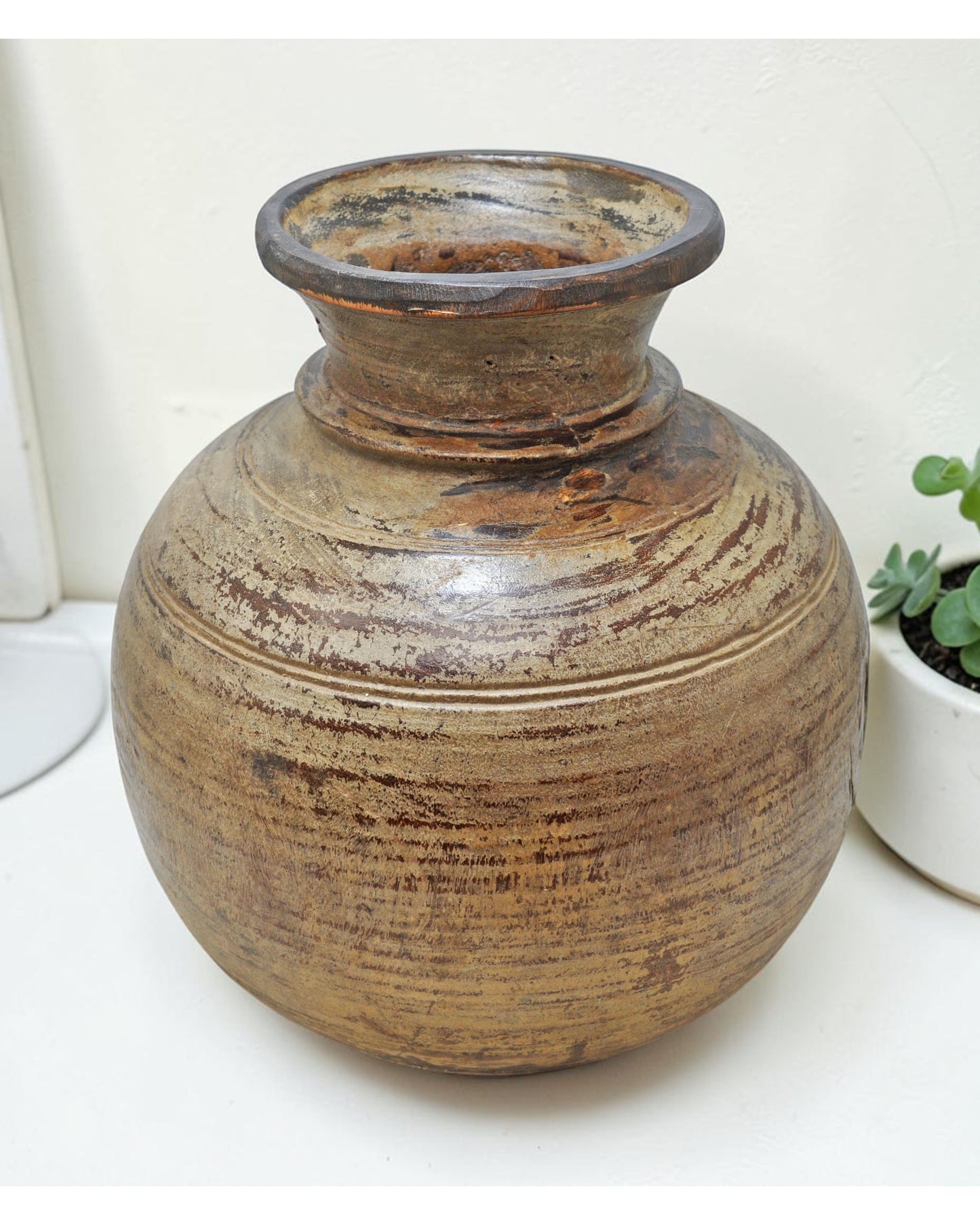 Antique Wooden Himalayan Water Storage Pot Original Old Hand Carved