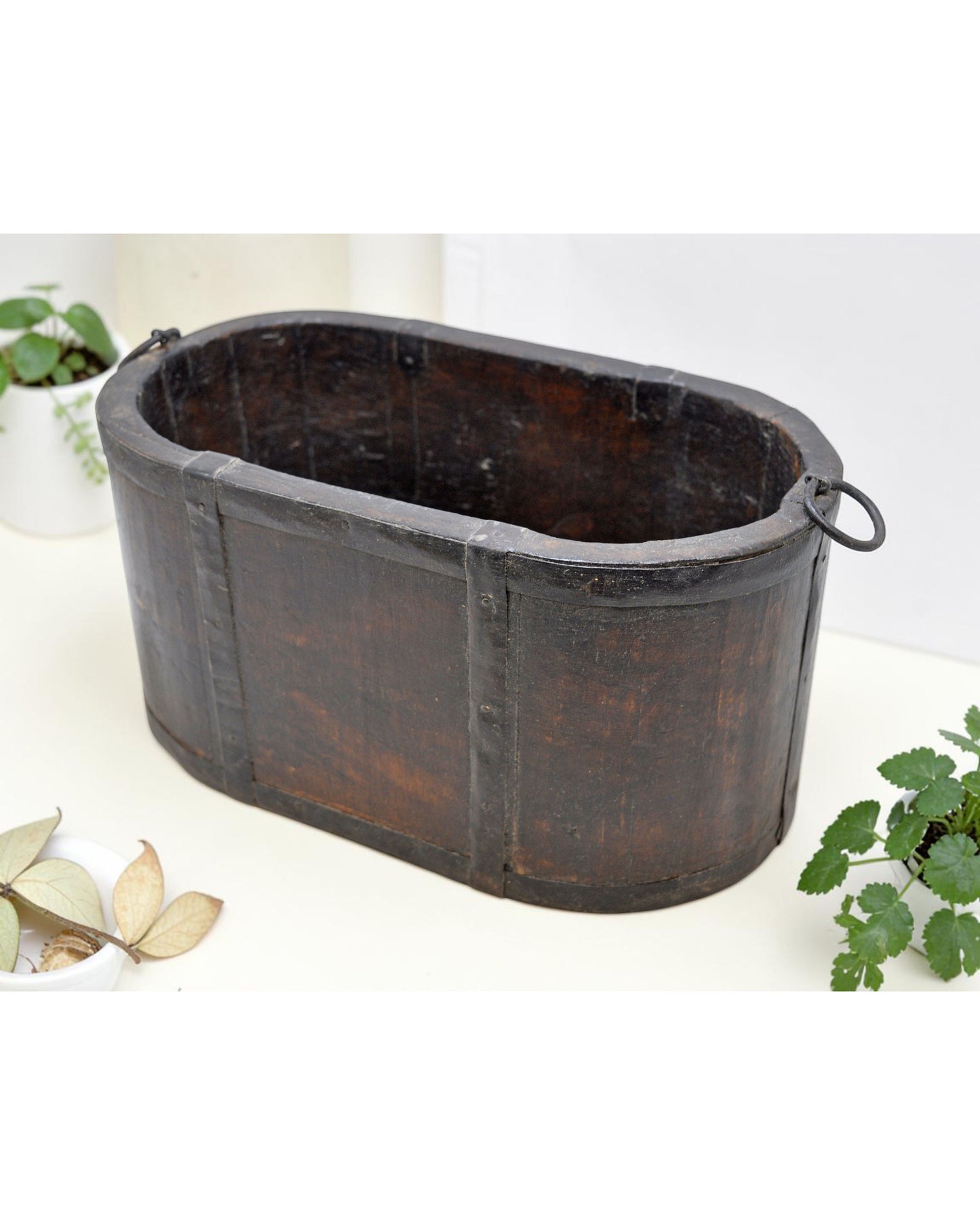 Vintage Wooden Oval Basket Planter Pot Original Old Hand Crafted