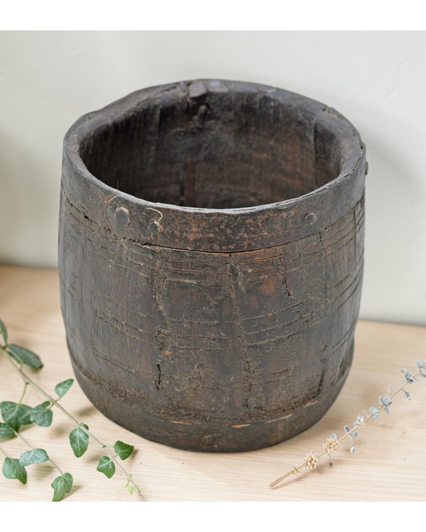 Antique Wooden Grain Measurement Paili Pot Original Old Hand Carved