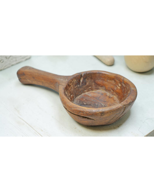 Antique Wooden Round Small Bowl With Handle  Original Old Fine Hand Carved