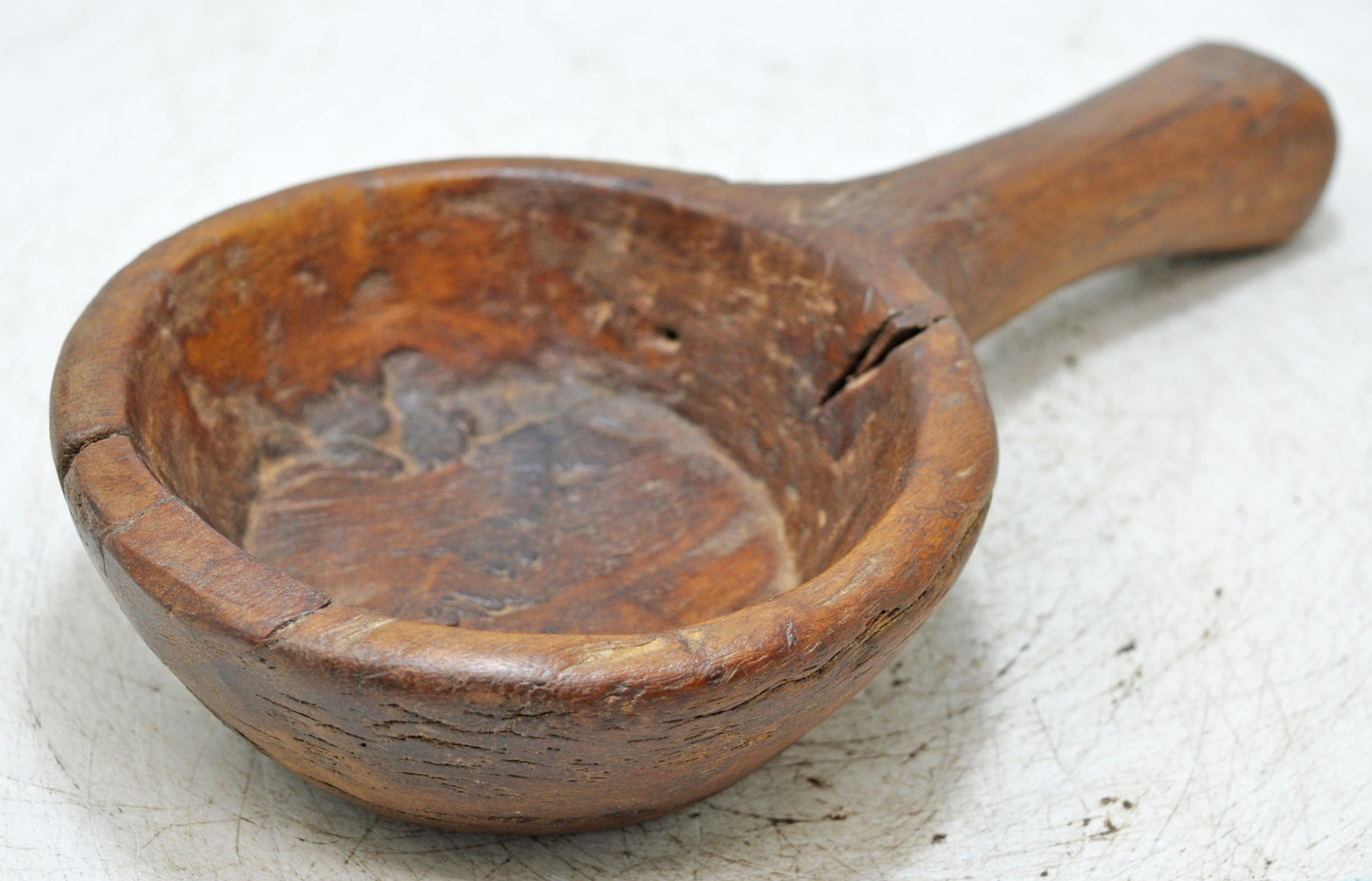 Antique Wooden Round Small Bowl With Handle  Original Old Fine Hand Carved