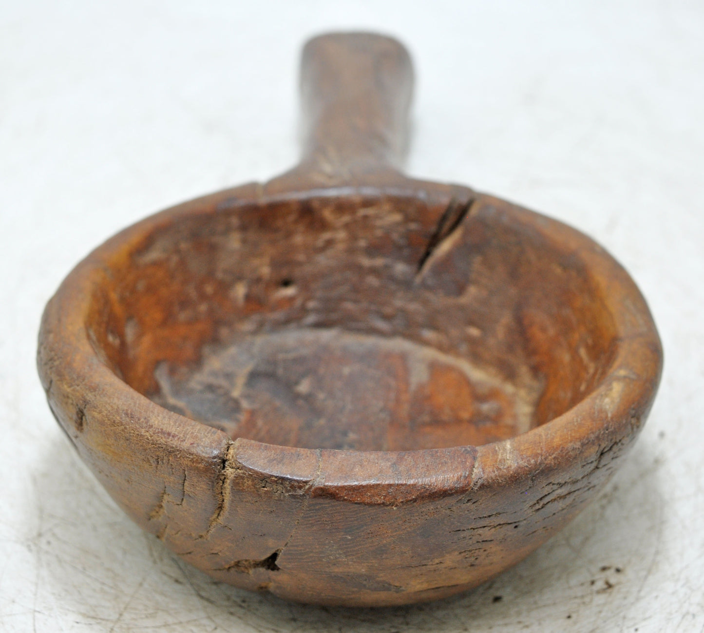 Antique Wooden Round Small Bowl With Handle  Original Old Fine Hand Carved