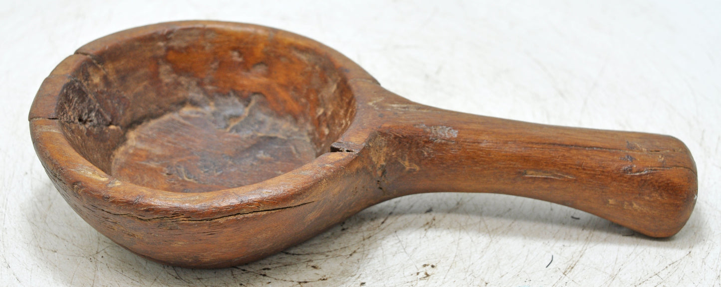 Antique Wooden Round Small Bowl With Handle  Original Old Fine Hand Carved