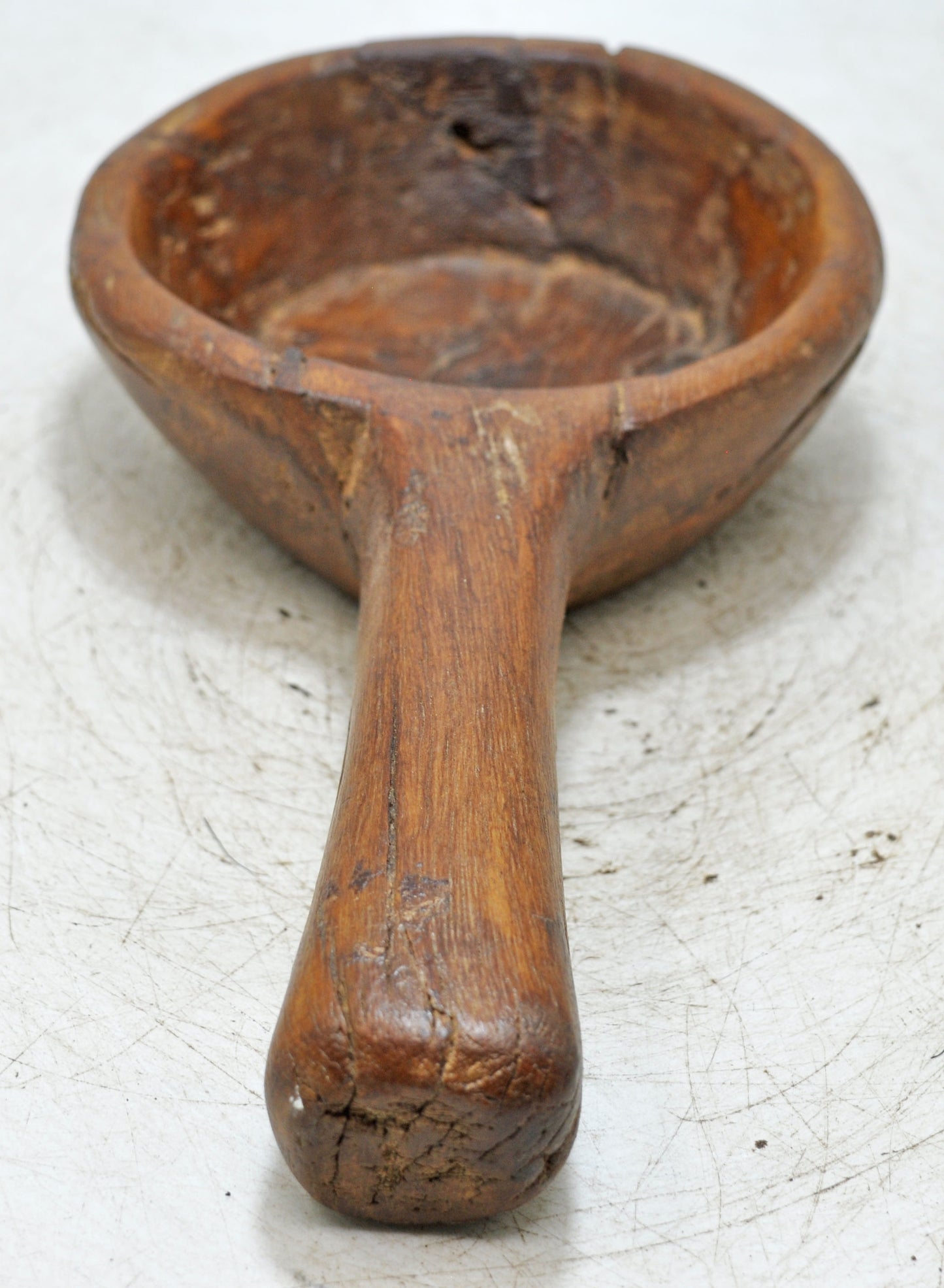 Antique Wooden Round Small Bowl With Handle  Original Old Fine Hand Carved