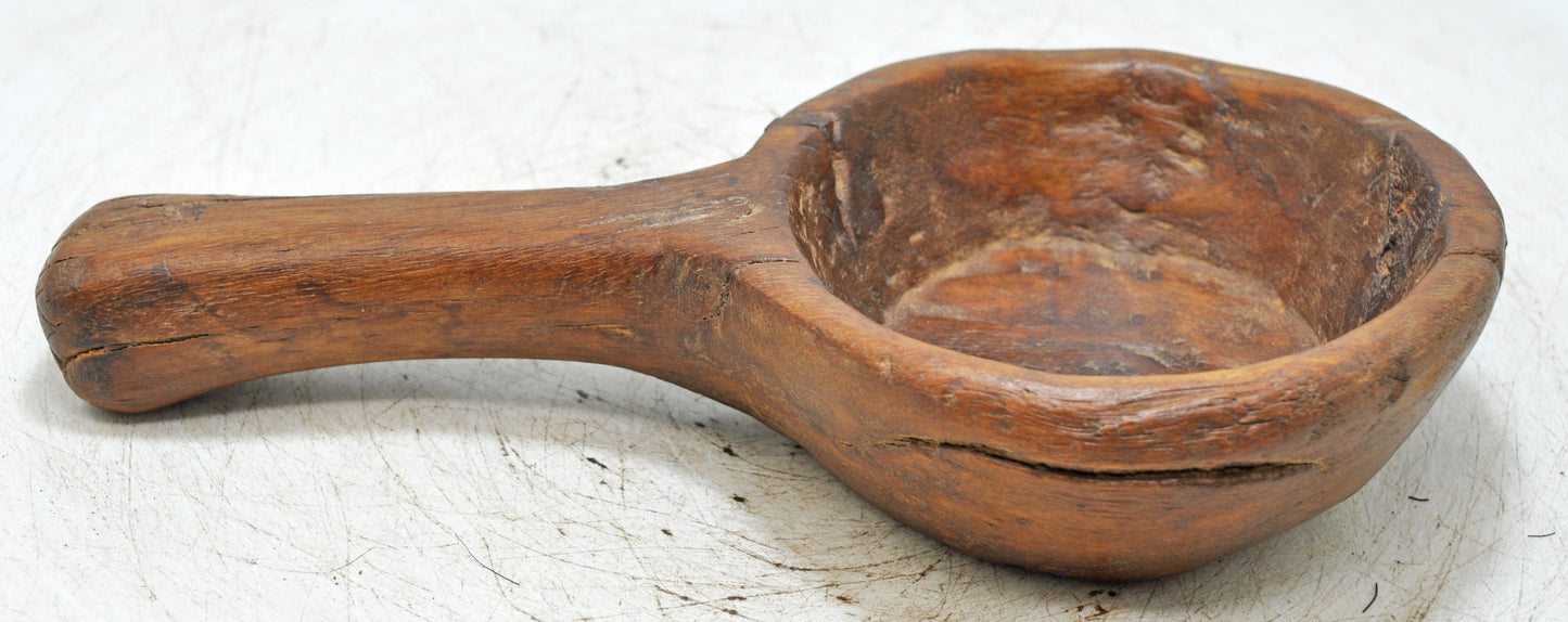 Antique Wooden Round Small Bowl With Handle  Original Old Fine Hand Carved