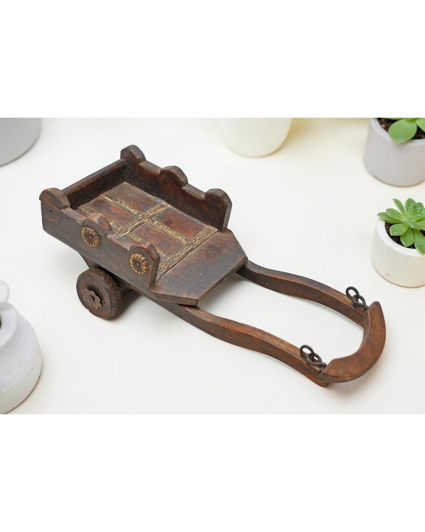 Vintage Wooden Cow Cart Figurine Model Original Old Hand Crafted