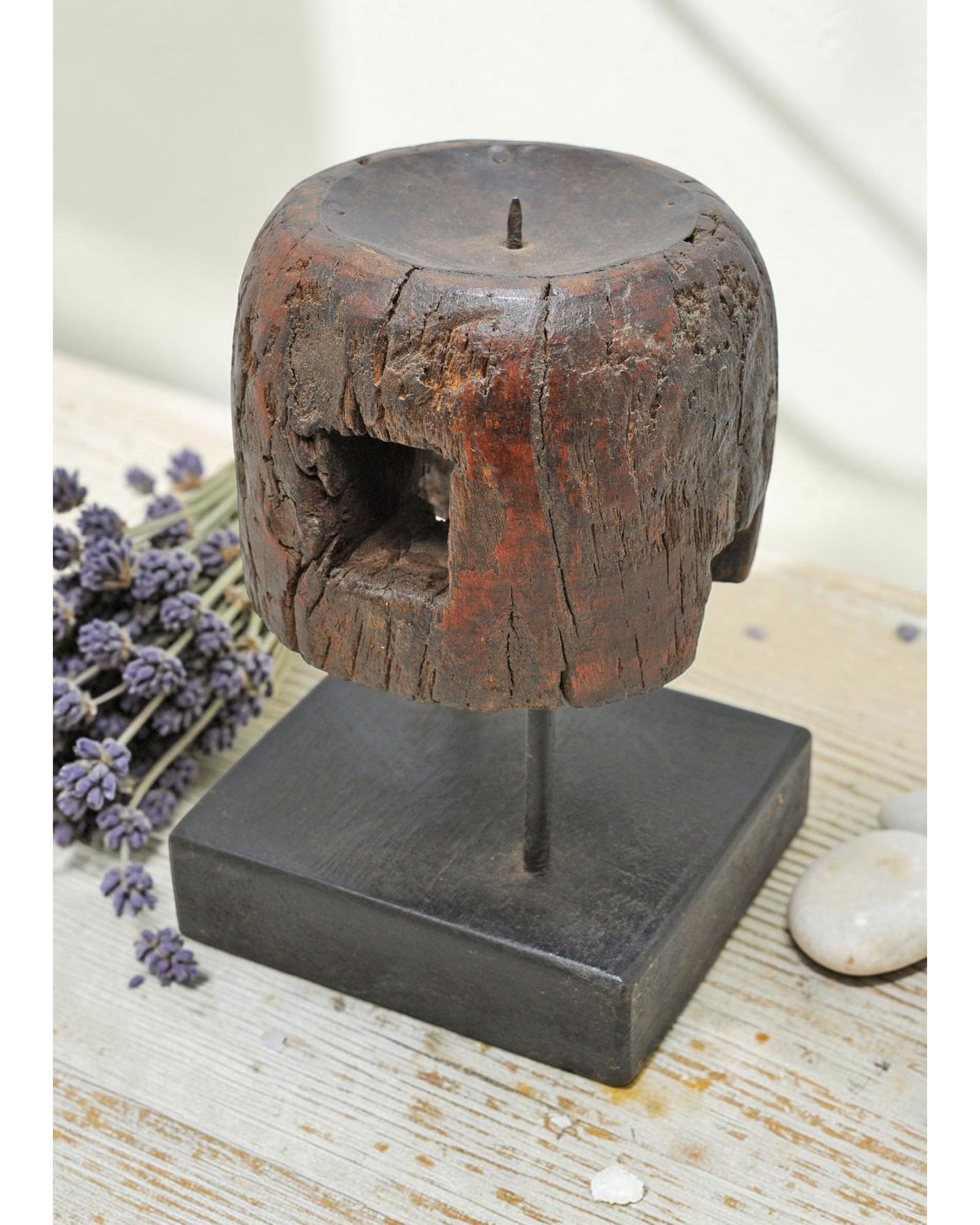 Antique Wooden Candle Holder Stand Original Old Hand Carved