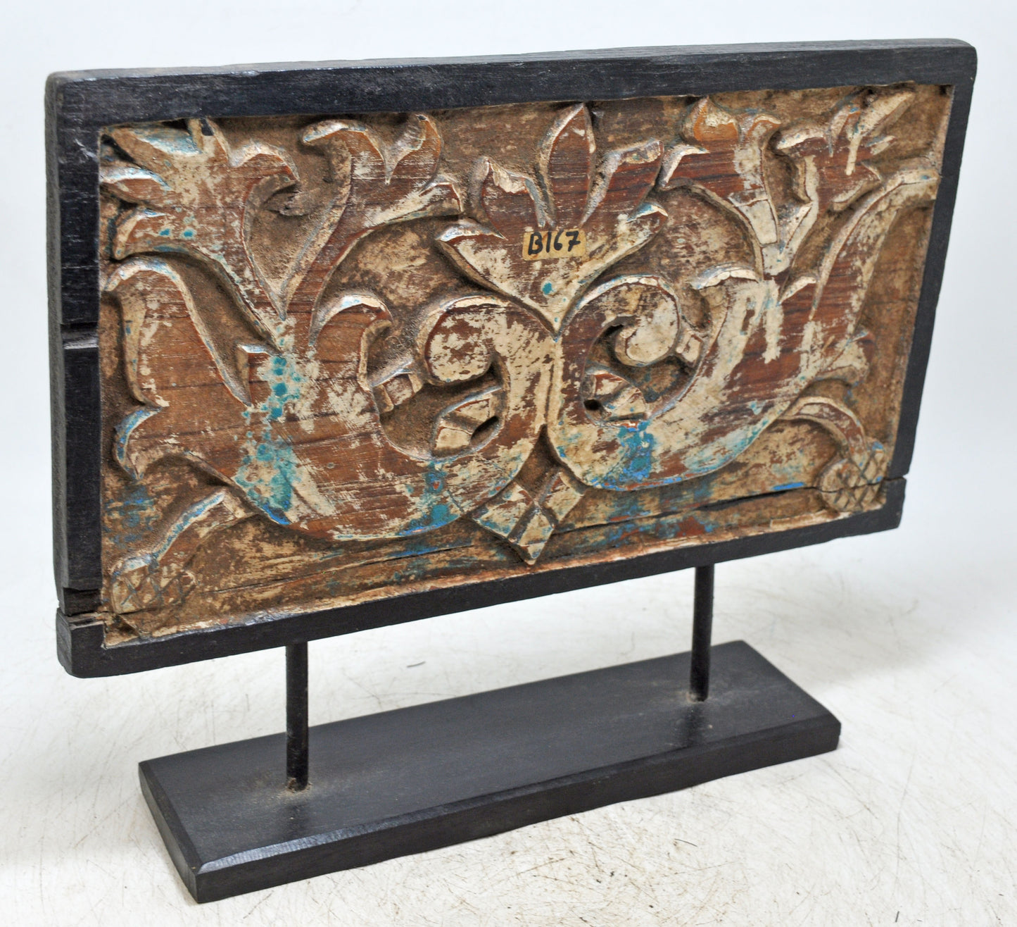 Antique Wooden Floral Carving Panel Plaque Original Old Fine Carved Polychrome
