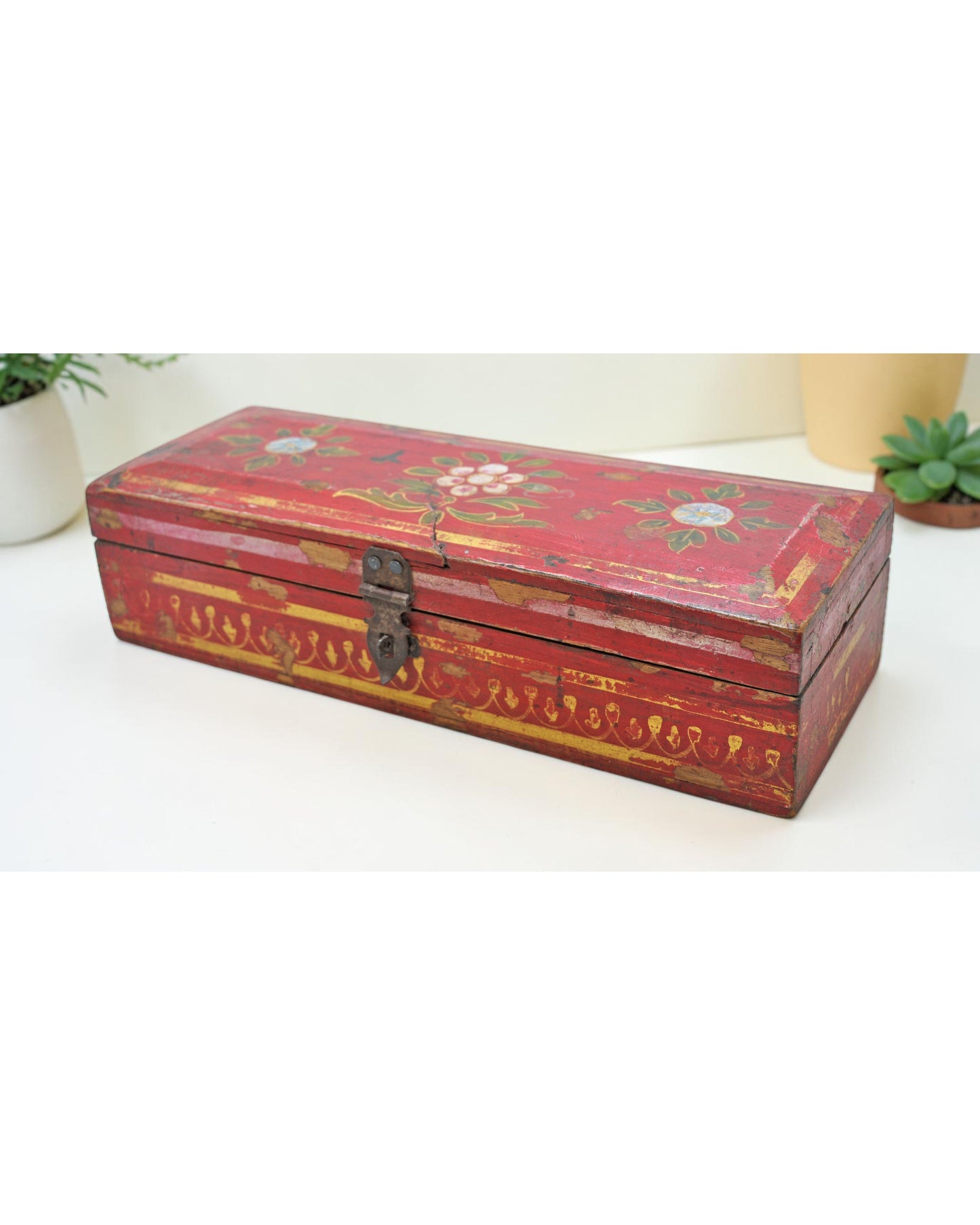 Vintage Wooden Pencil Stationary Box Original Old Hand Crafted Painted