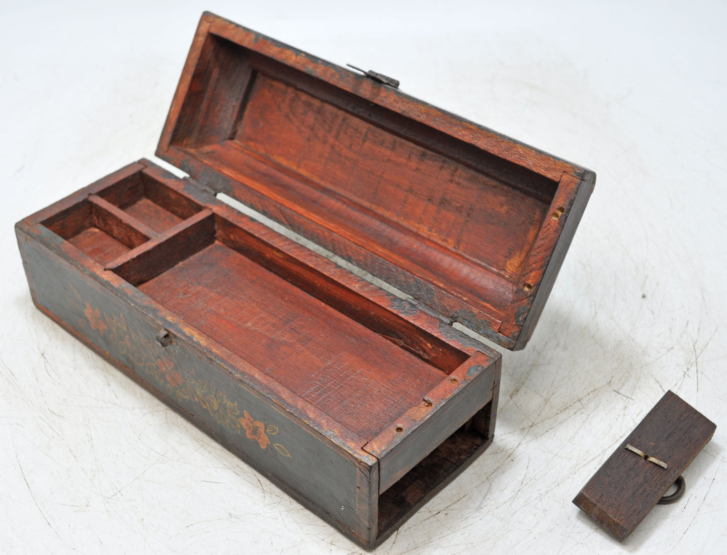 Vintage Wooden Pencil Stationary Box Original Old Hand Crafted Painted
